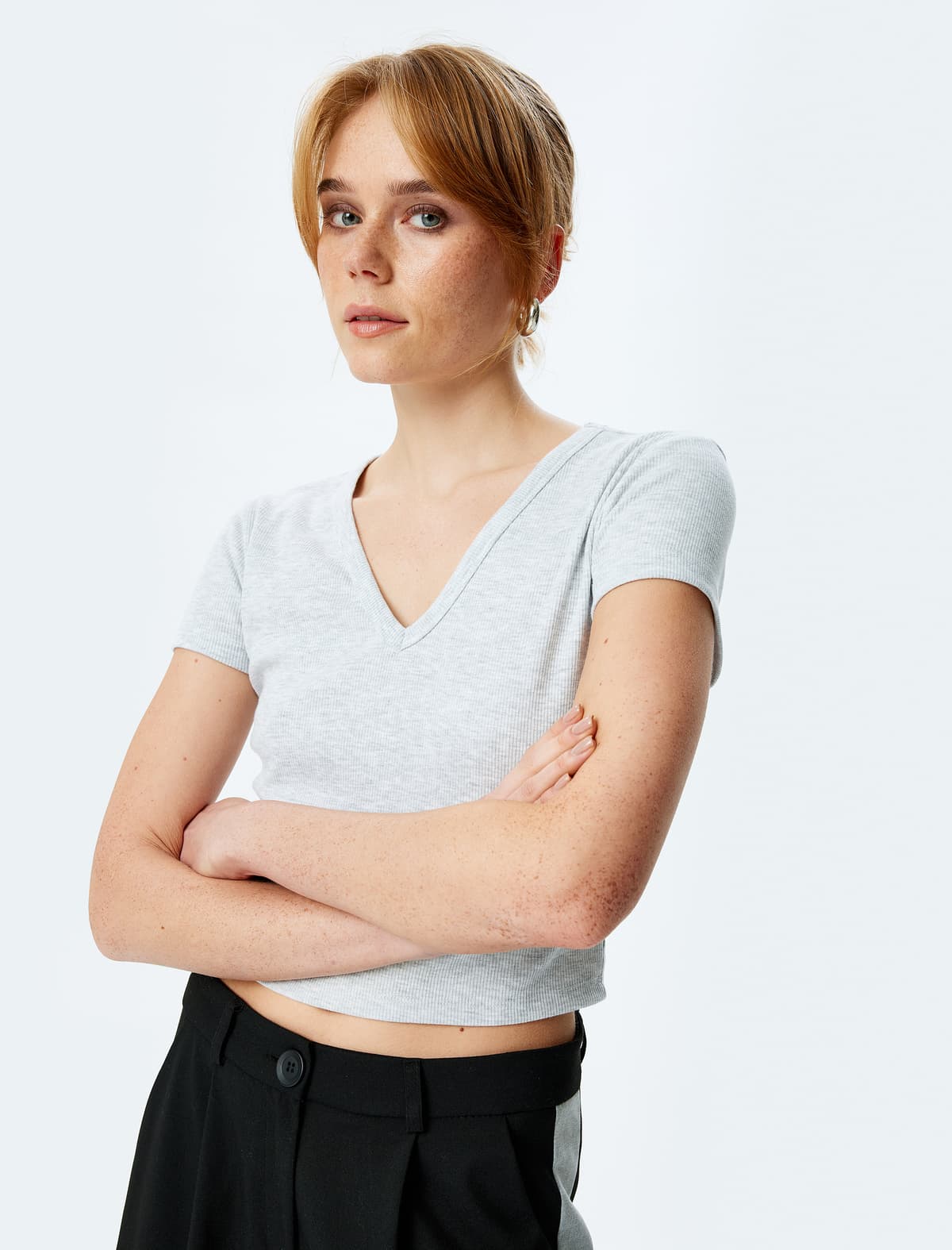 Relaxed Fit Qısaqol Crop V Yakalı köynək