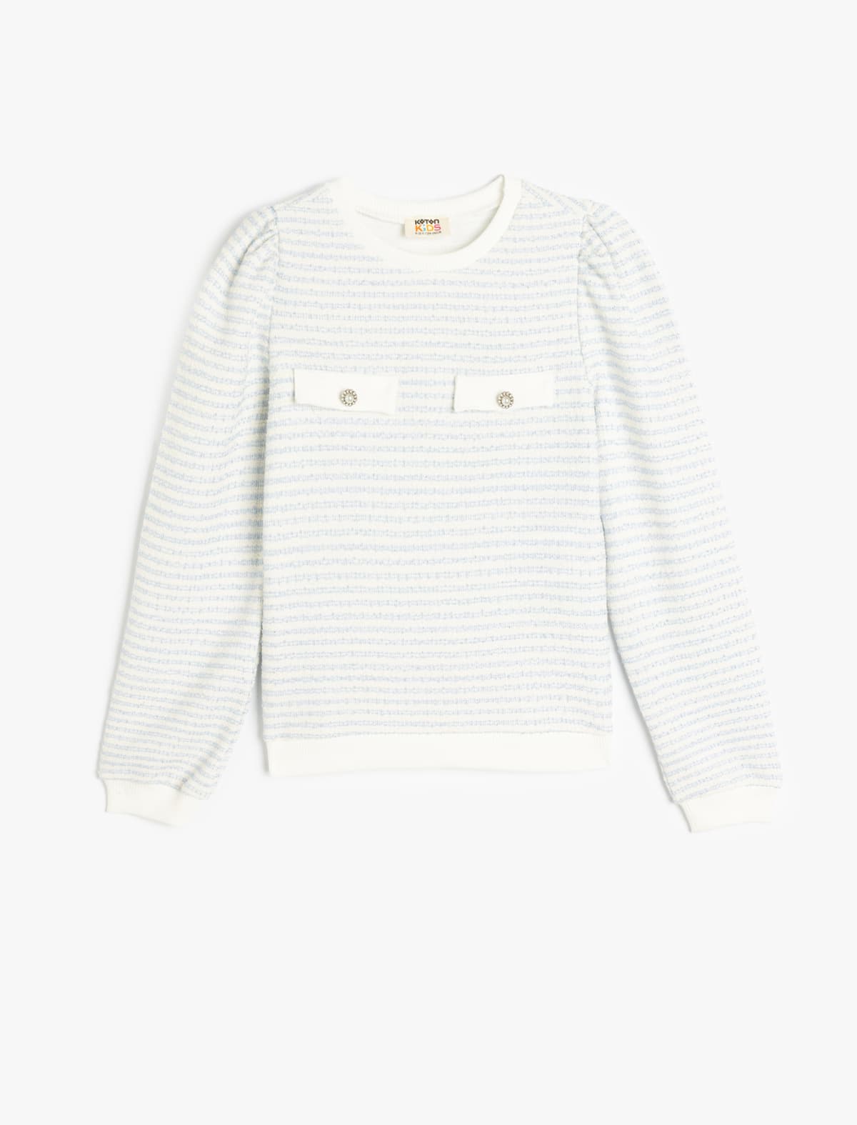 Uzunqol Düymə Detallı Ekipaj Yakalı Zolaqlı Sweatshirt