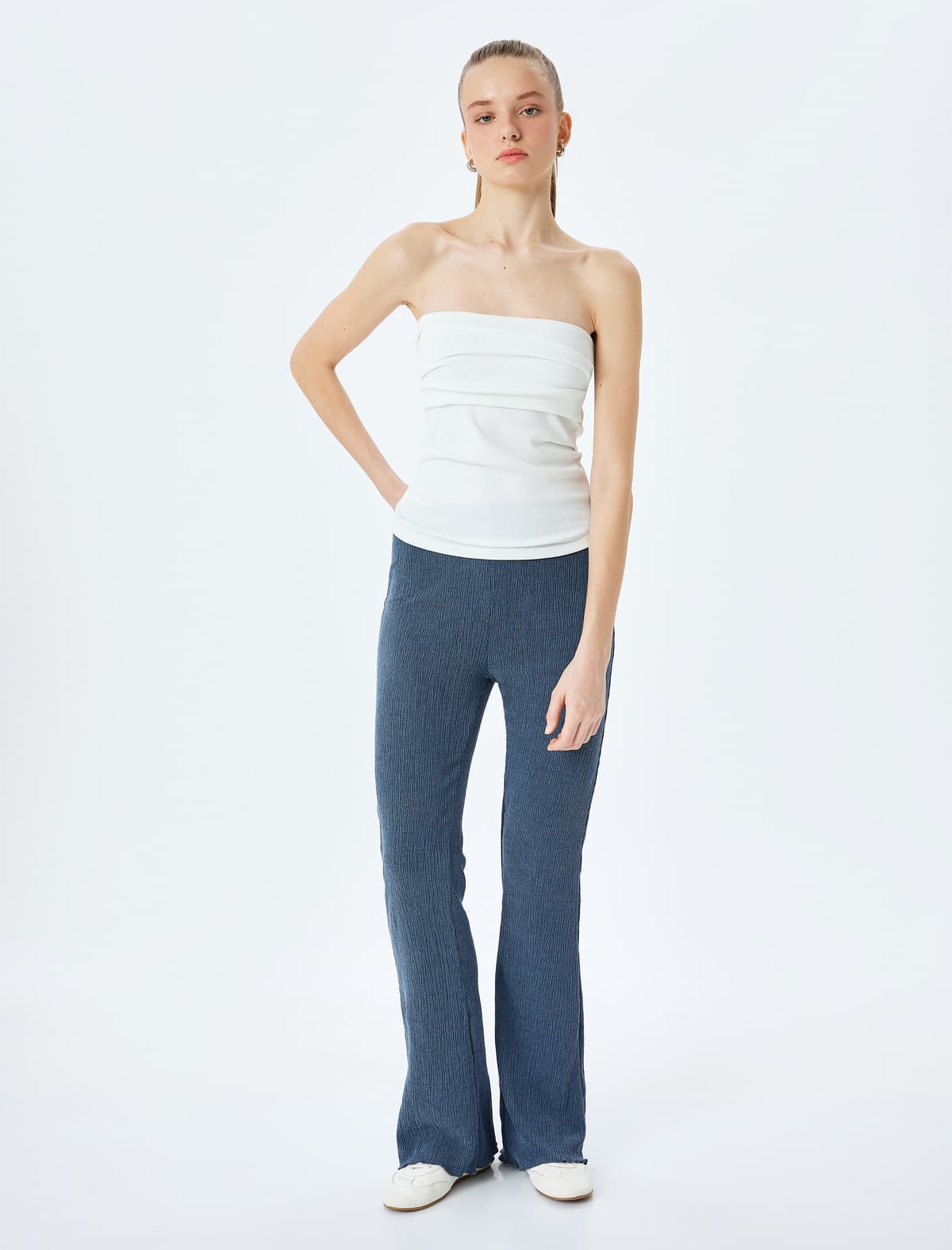 Yüksək Bel Flare Ayaq Teksturalı Skinny Fit Leggings Qırışlı Şalvar