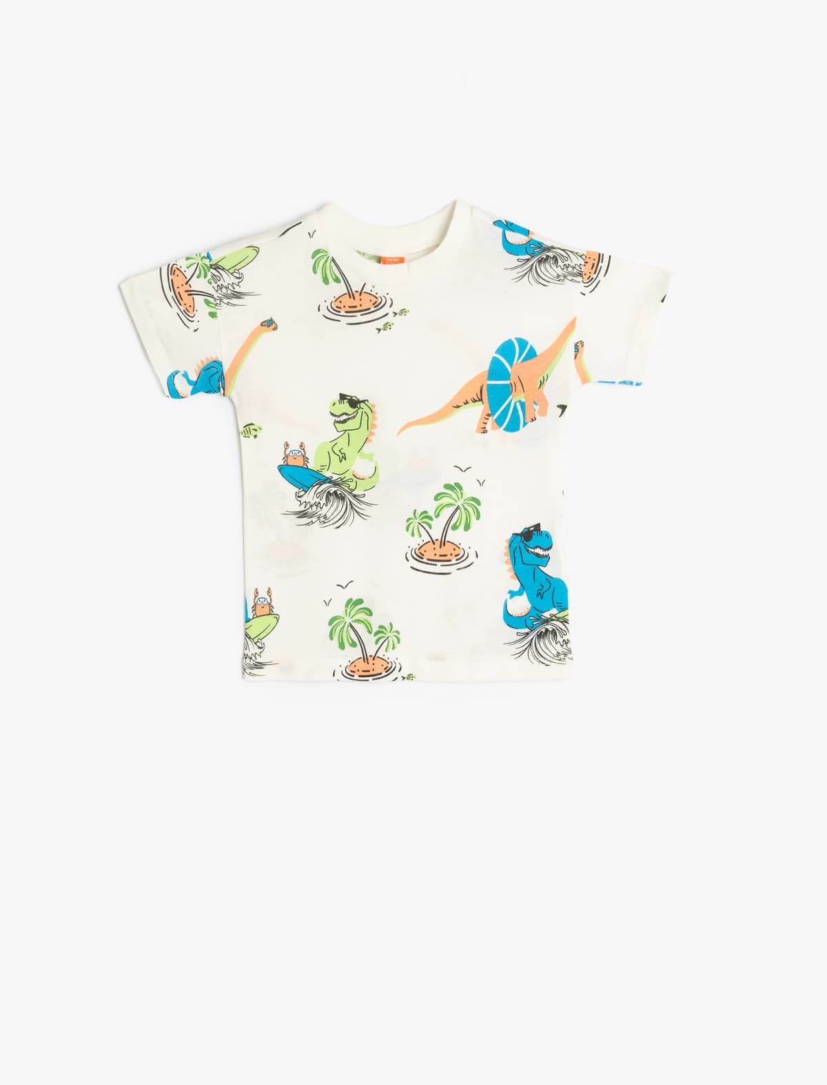 Dinosaur Printed Crew Yaka Qısaqol Pambıq T-shirt