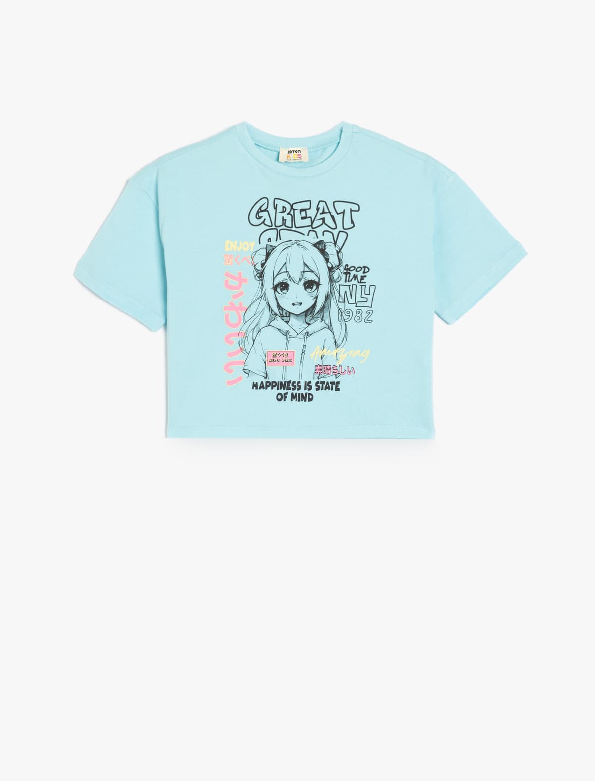 Crew Yaka Anime Çaplı Pambıq Qısaqol T-shirt