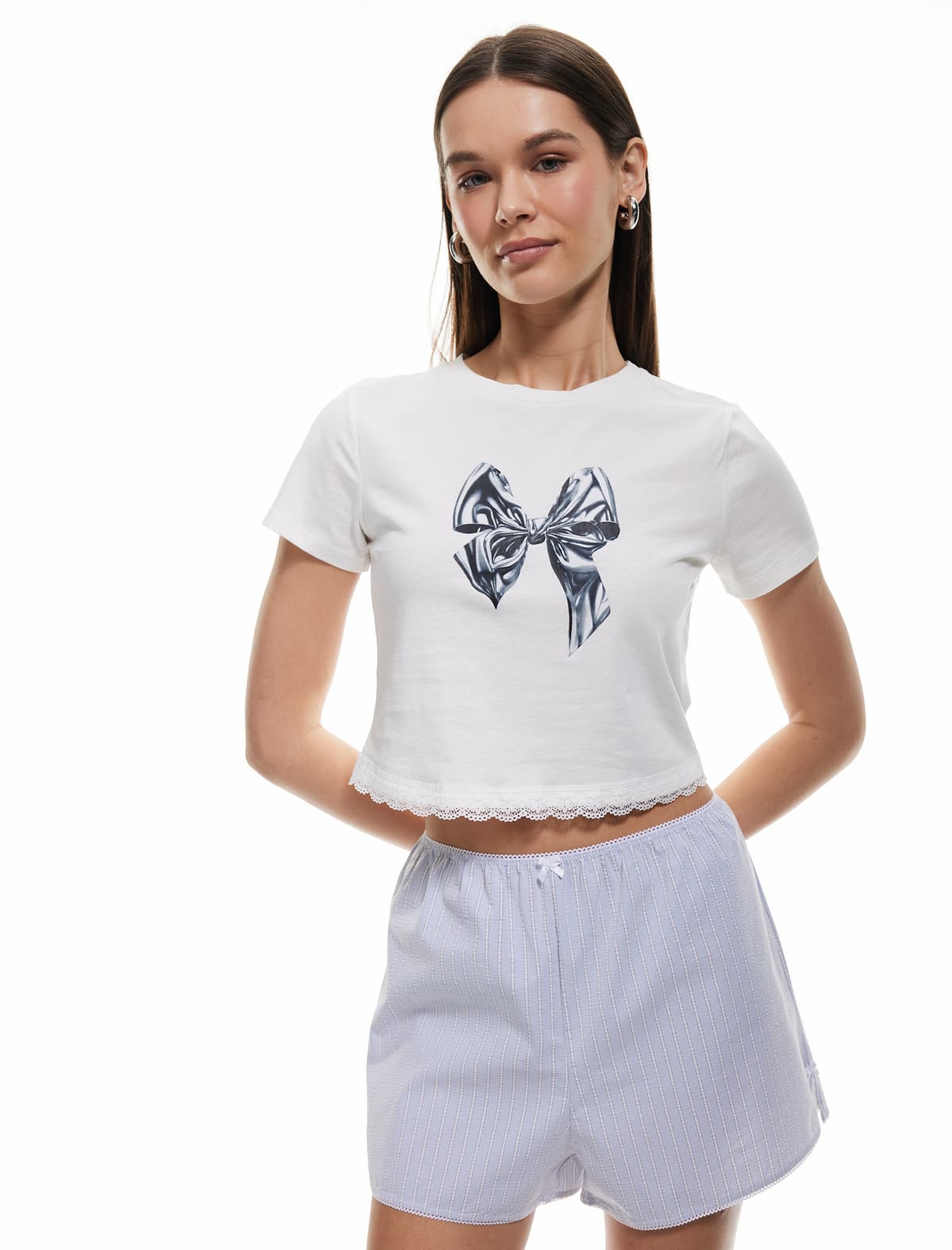 Qısaqol Ekipaj Yaka Pambıq Yay Çaplı Crop Pijama Üstü