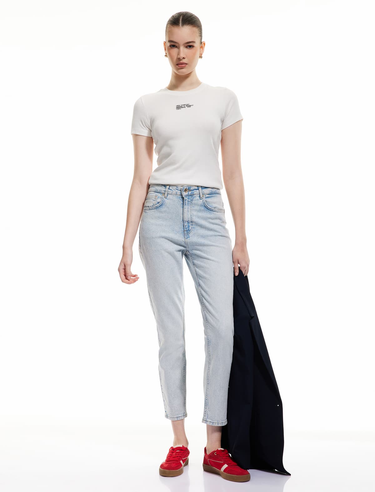 Mom Fit Yüksək Bel Pambıq Cibli Denim Şalvar - Mom Slim Jean