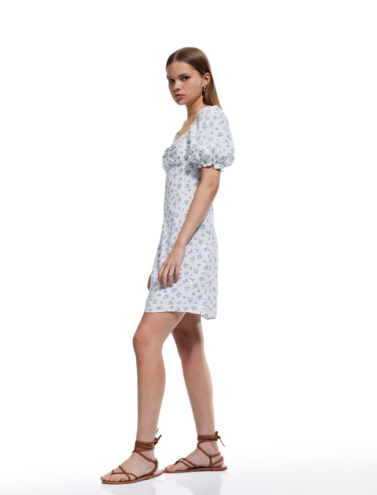 Viskoza Sweetheart Boyun Dekolteli Şar Qolu A-Line Slim Fit Mini Çiçəkli Don