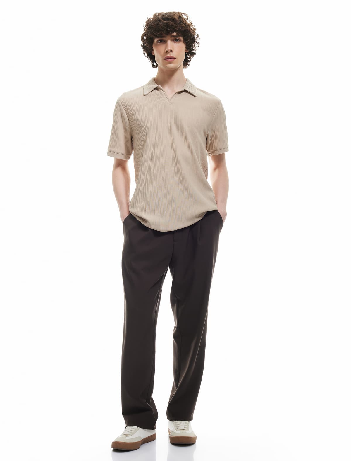 Teksturalı Normal Fit Basic Qısaqol Polo Yakalı köynək