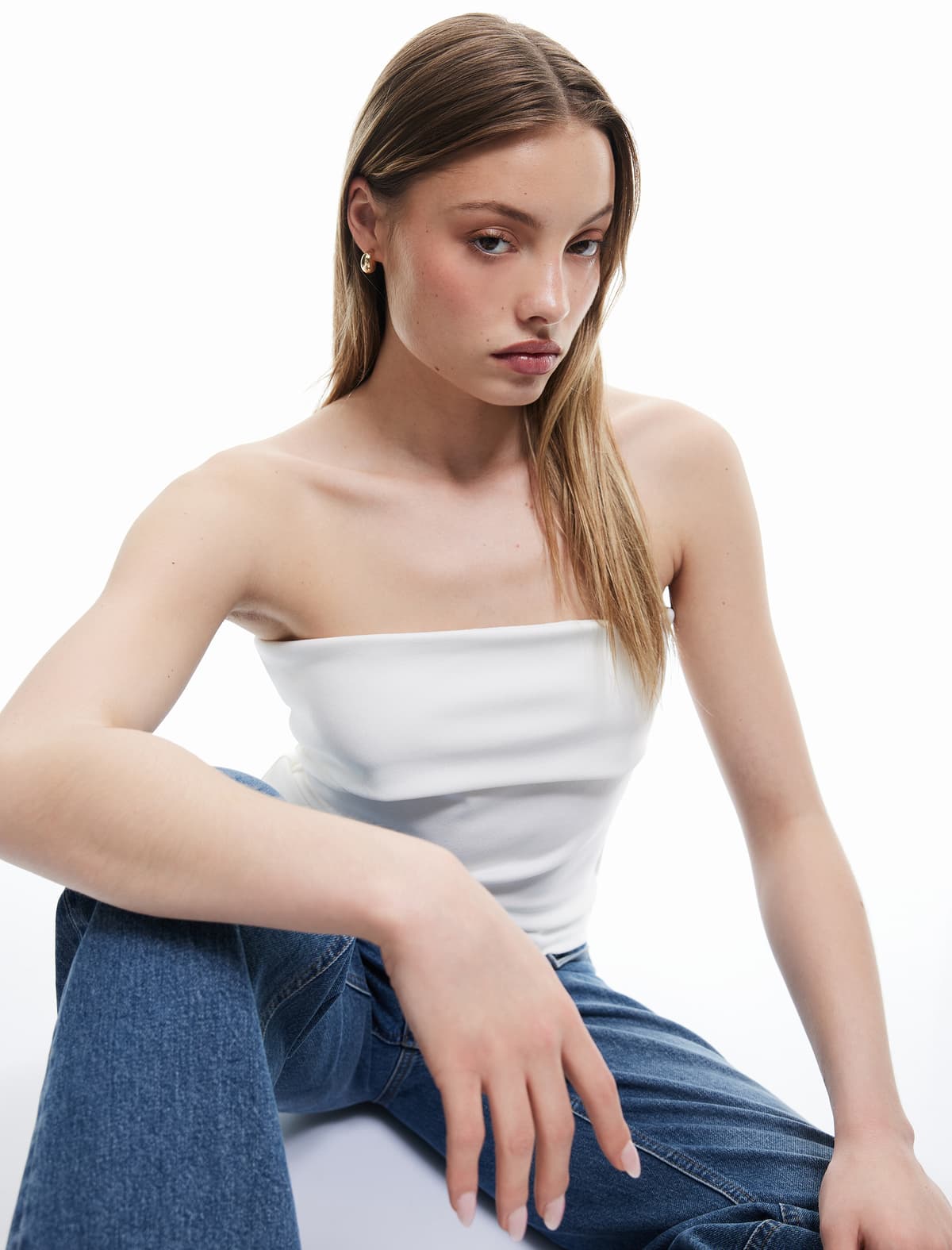 Slim Fit Straplez Krep Üst