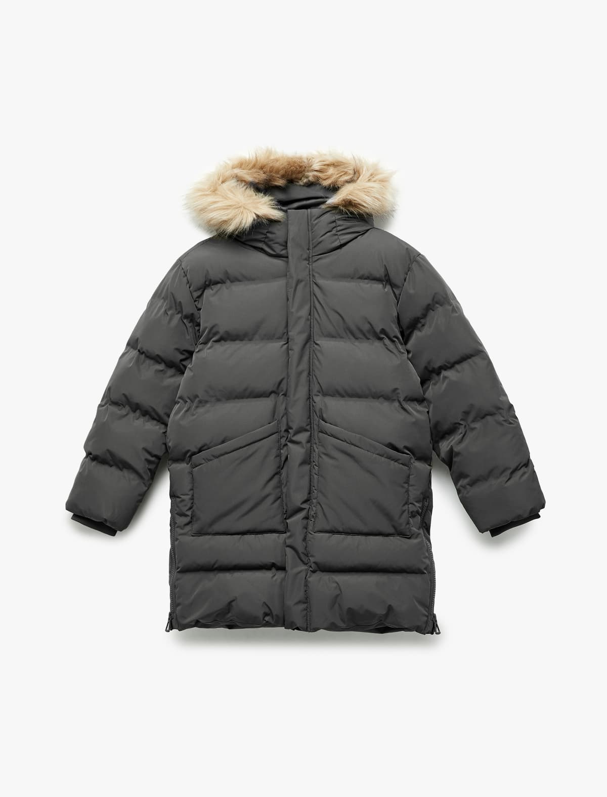 Peluş Detallı Uzunqol Fermuarlı Cib Uzun Kapşonlu Puffer Palto