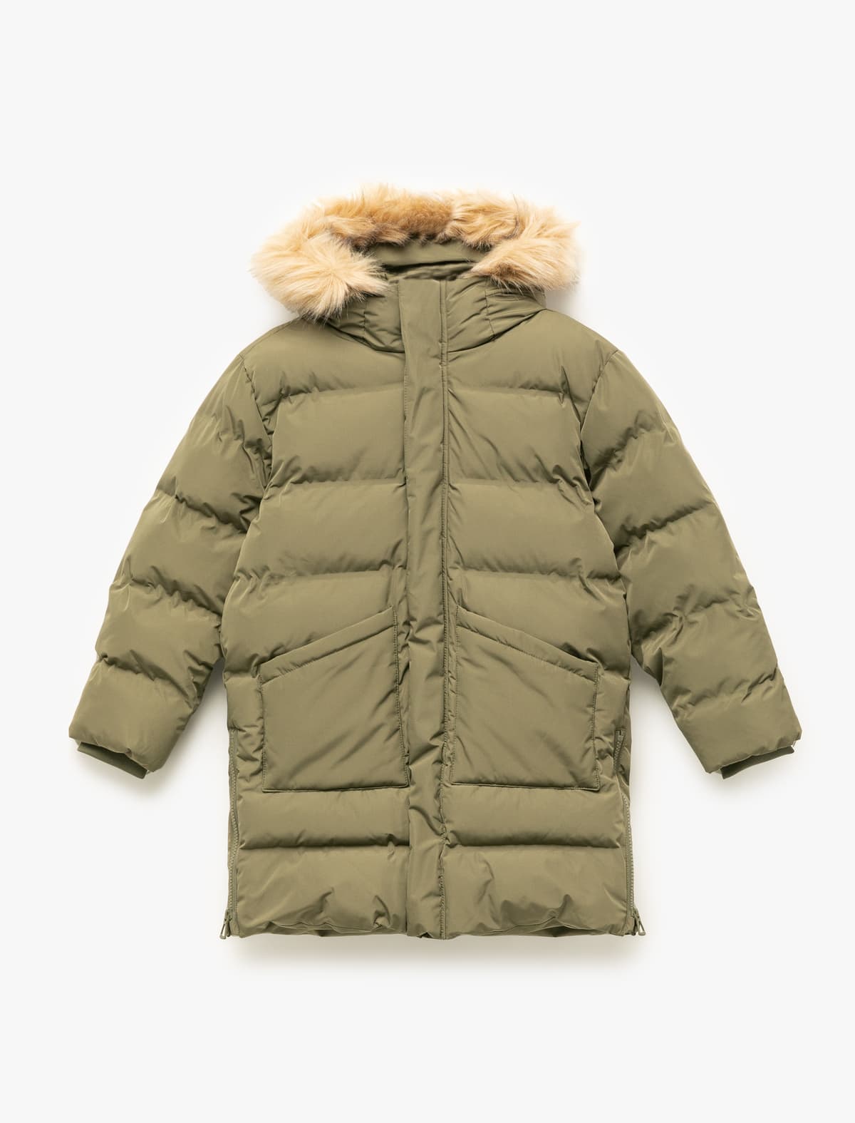 Peluş Detallı Uzunqol Fermuarlı Cib Uzun Kapşonlu Puffer Palto