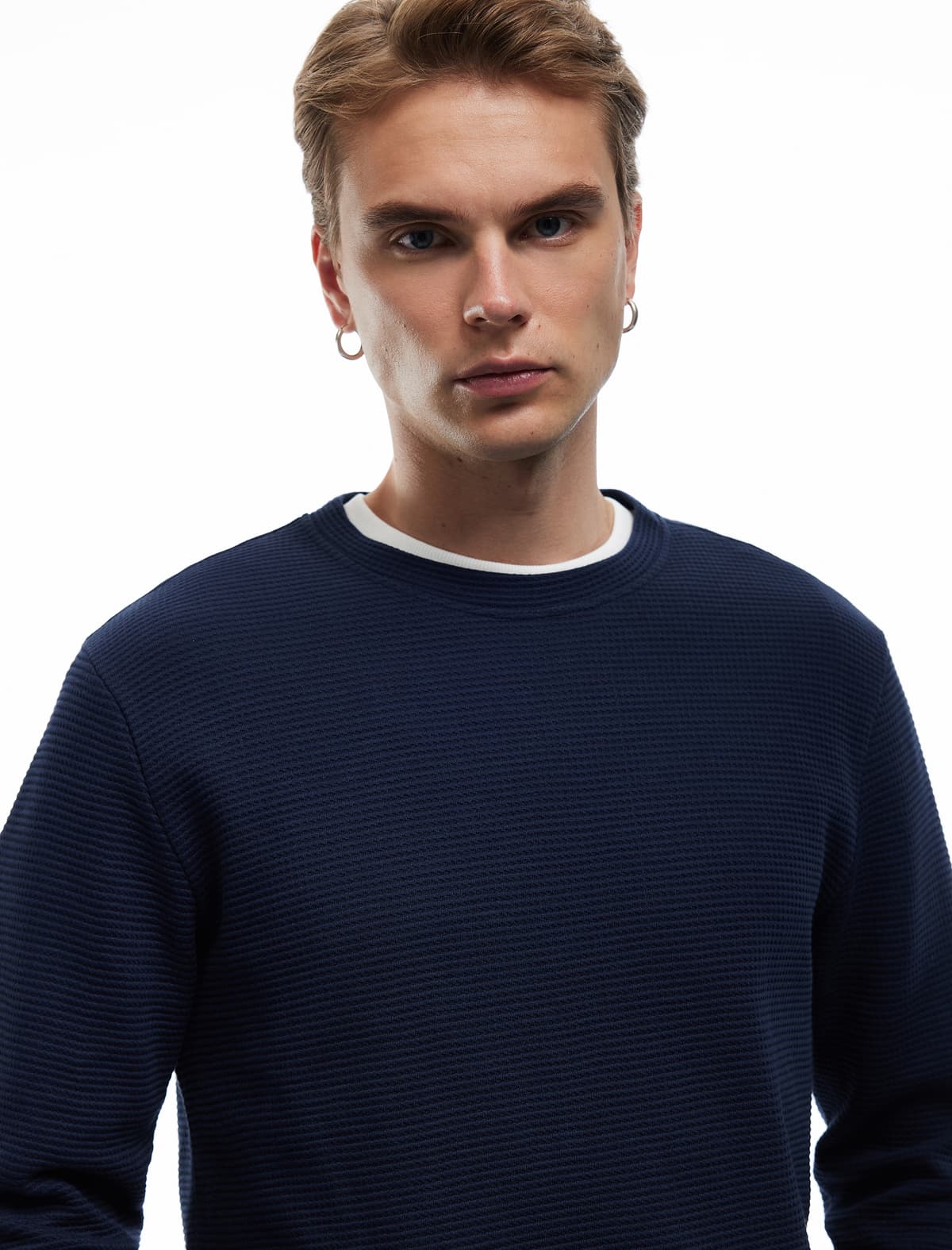 Pambıq Uzunqol Teksturalı Əsas Yaxalı Sweatshirt