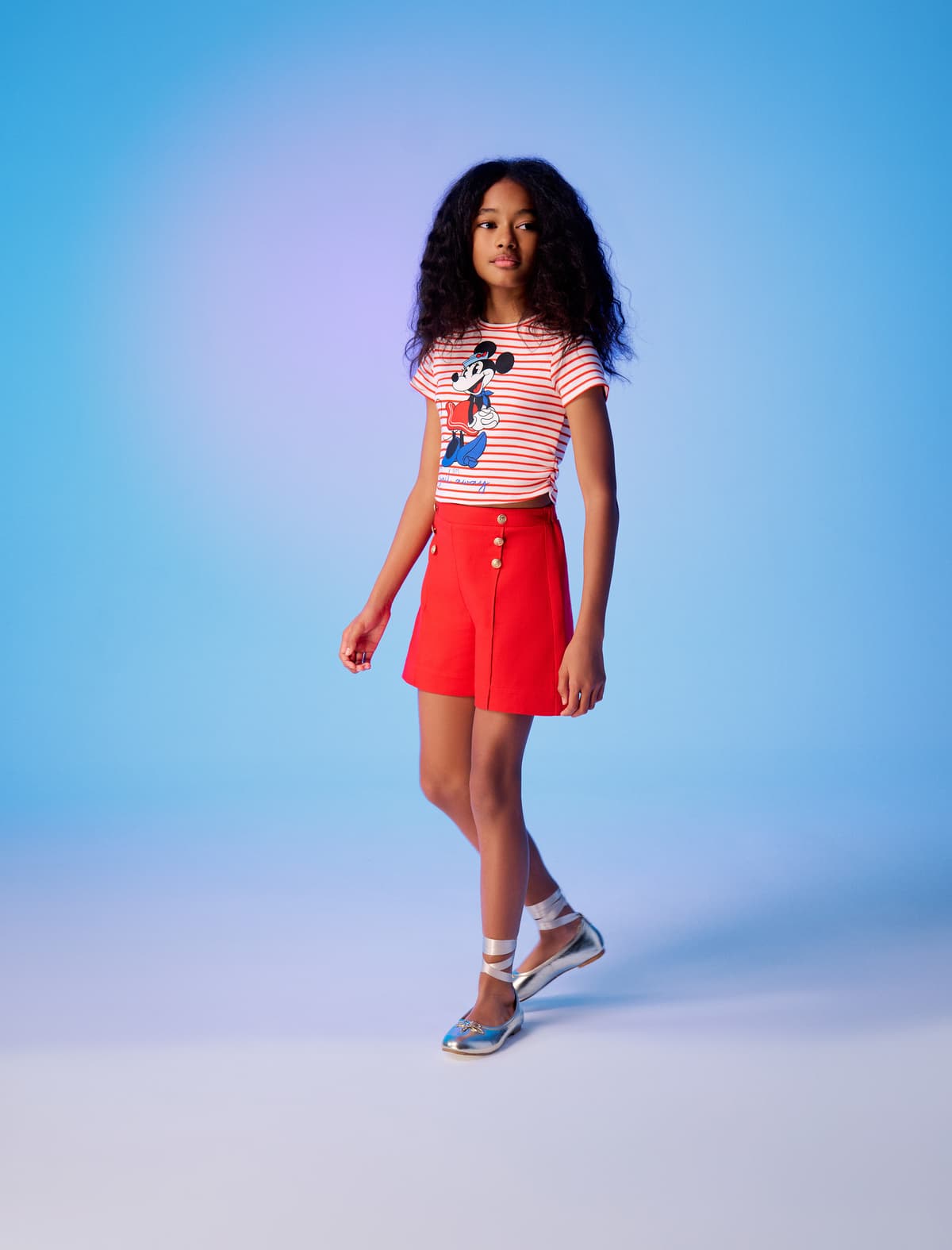 Minnie Mouse Çaplı Lisenziyalı Zolaqlı Qısaqol Crop T-shirt