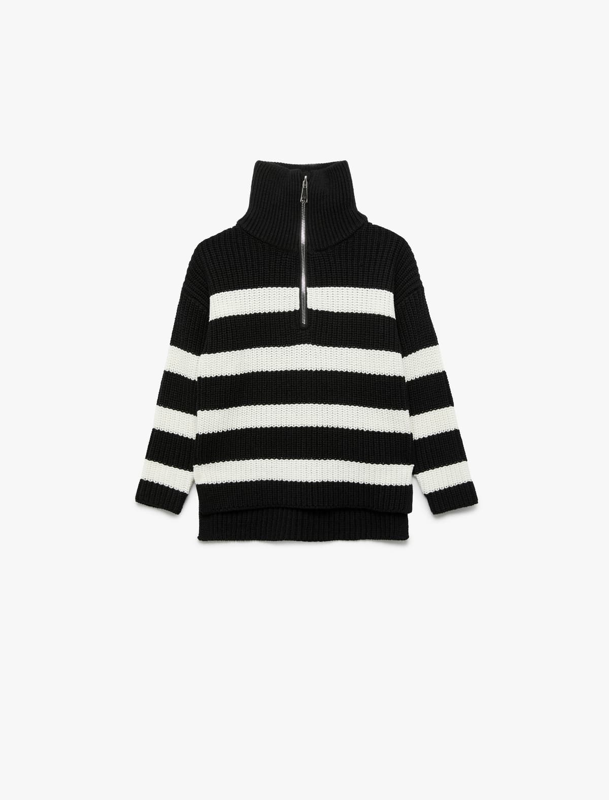 Yarım Fermuarlı Turtleneck Uzunqol Zolaqlı Trikotaj Sviter