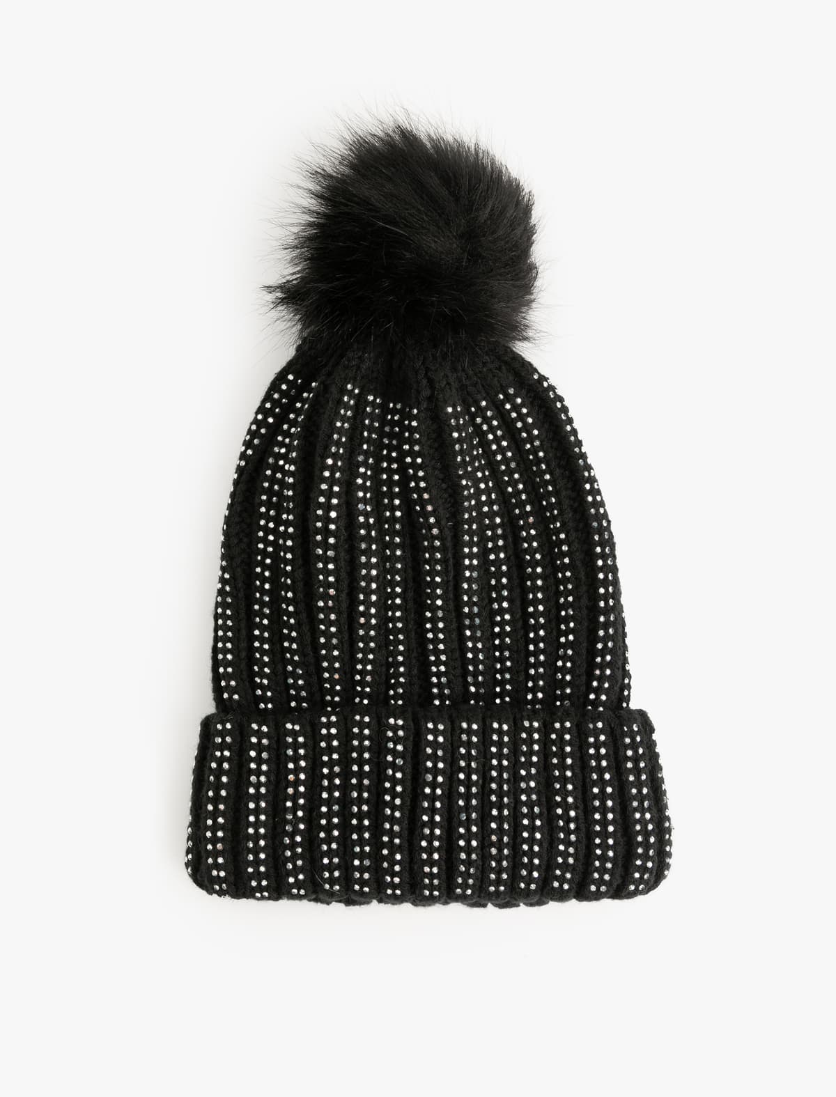 Süni peluş detallı daşlı trikotaj beret