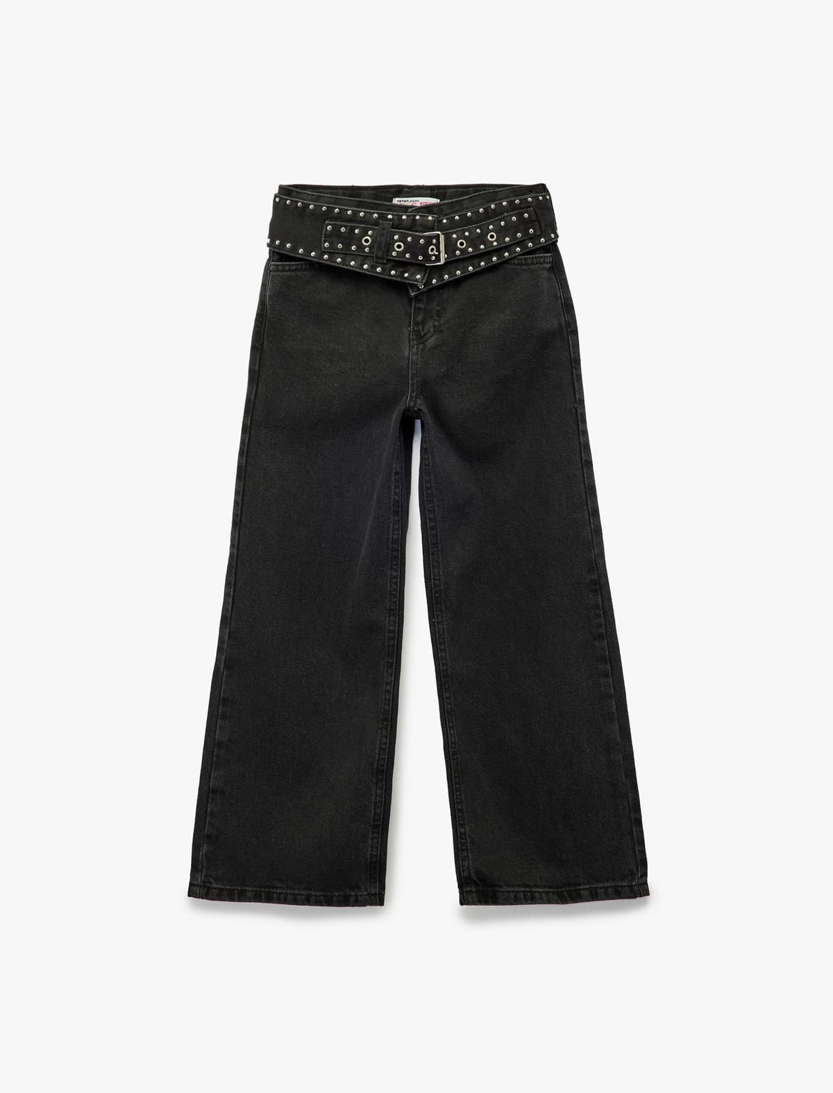 Gözlü Detallı Pambıq Kəmərli Geniş Ayaqlı Denim Şalvar