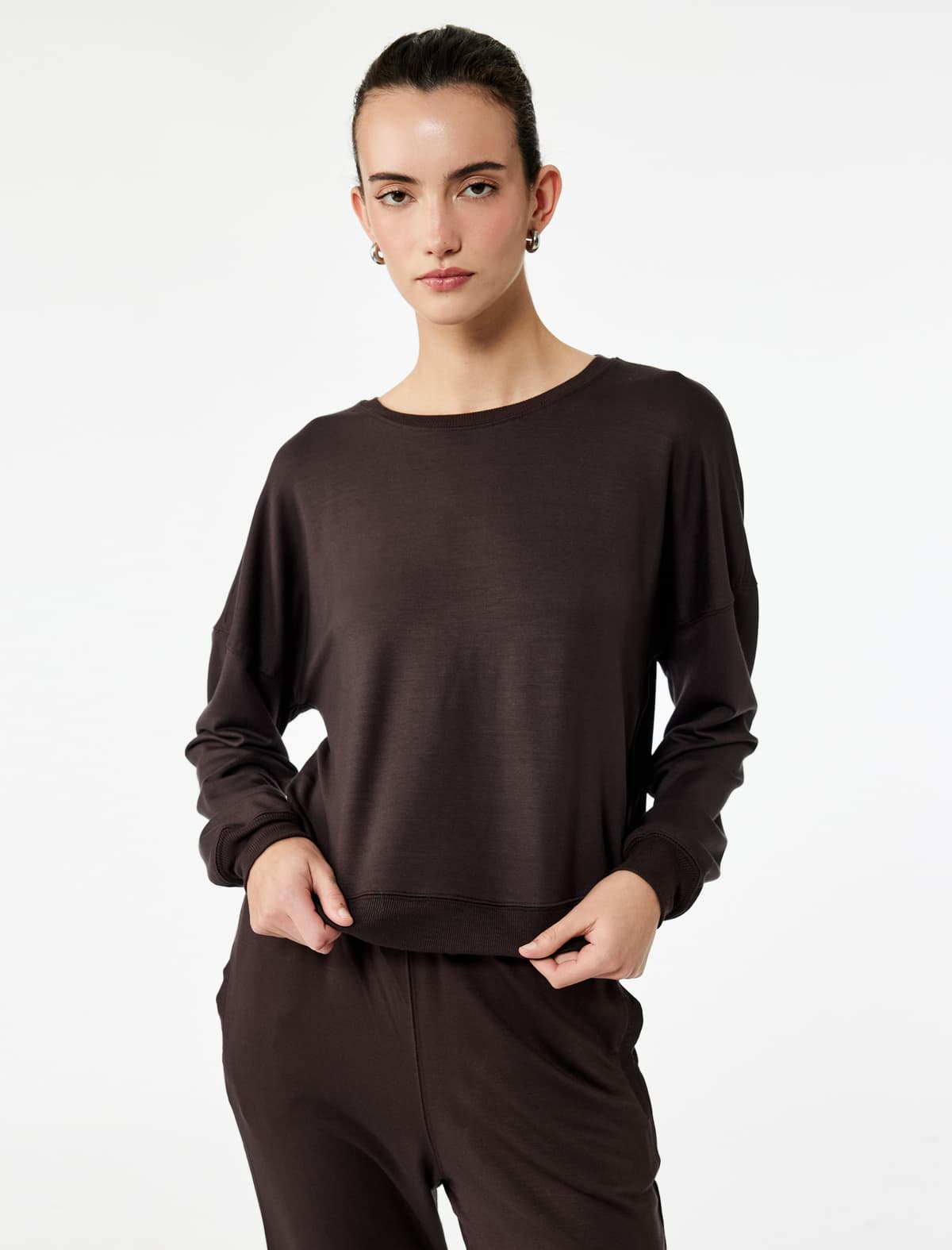 Rahat Fit Modal Parça Uzunqol Ekipaj Boyunlu Pijama Üstü