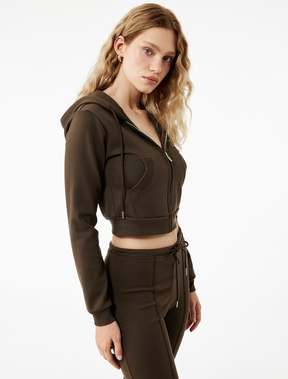 Pambıq Uzunqol Fermuarlı Kapşonlu Cibli Crop Sweatshirt