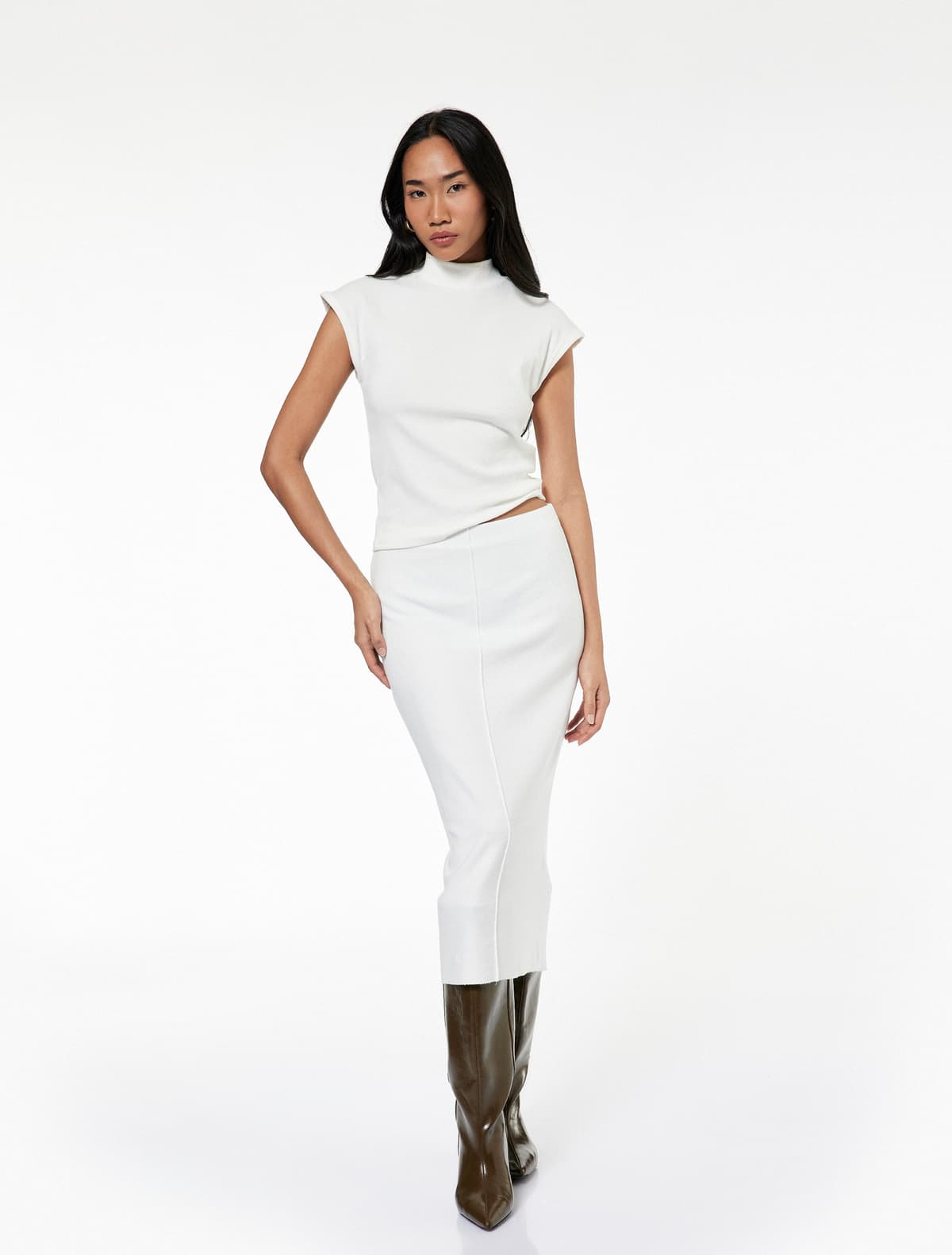 Slim Fit Midi Yivli Detallı Qələm Ətəyi