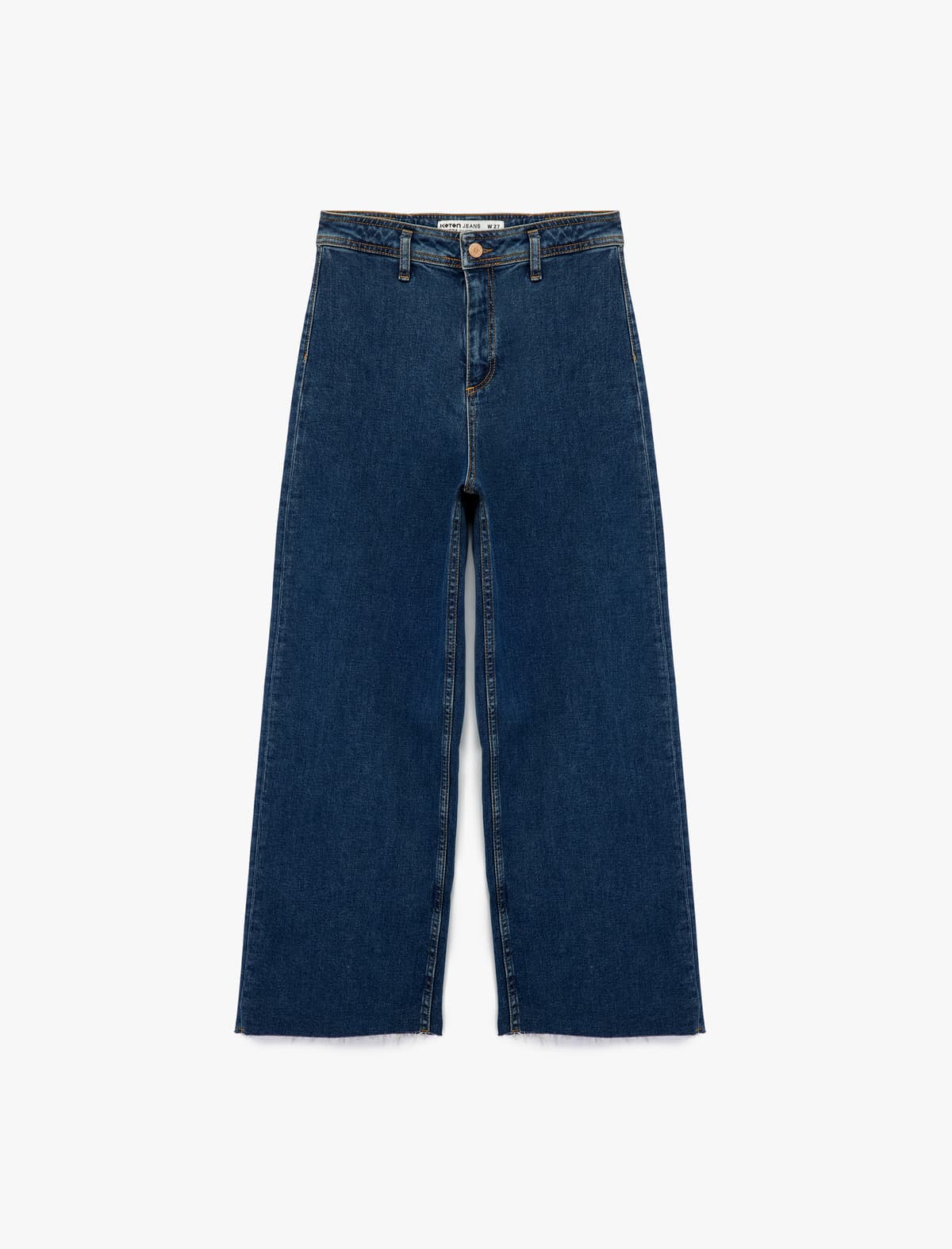 Yüksək Bel Düyməli Geniş Cins Şalvar - Culotte Jeans