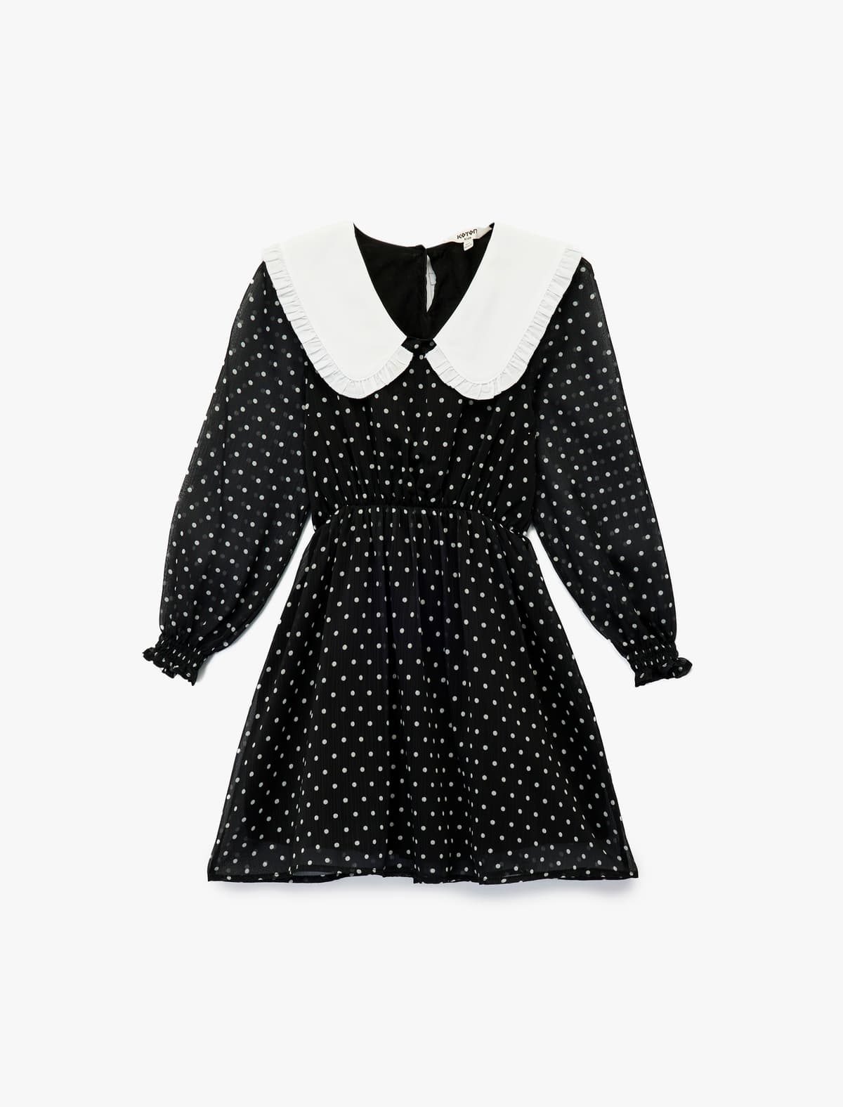 Körpə Yaxası Uzunqol A-Line Polka Dot Don