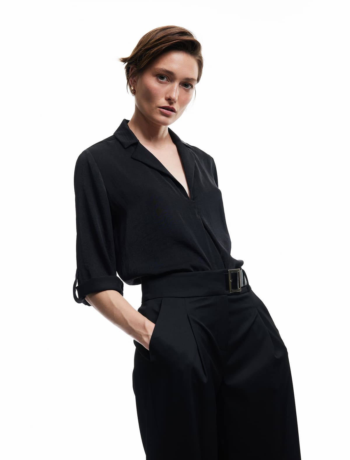 Gödəkçə Yaxası Qatlama Detallı 3/4 Qol Satin Bluza