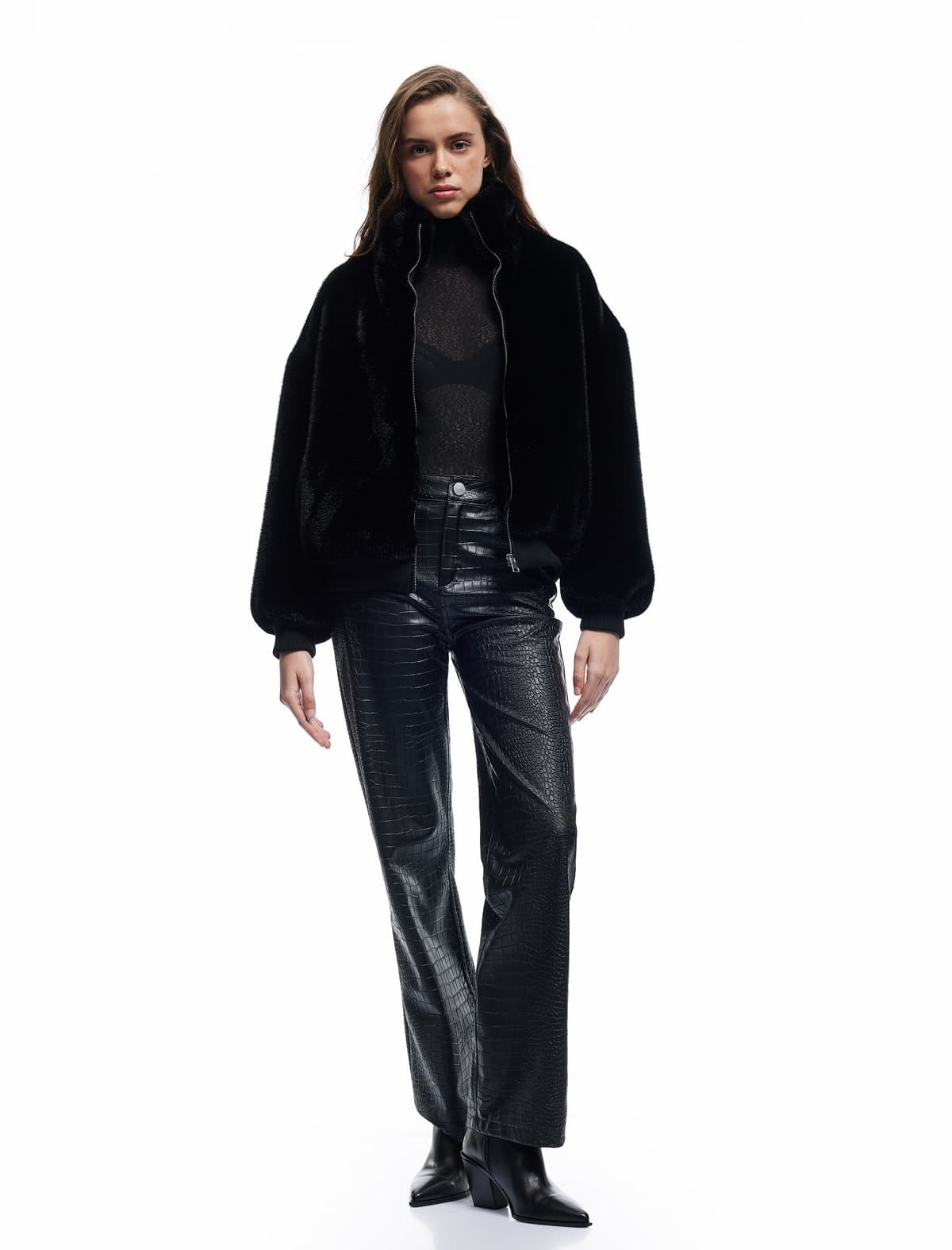 Fermuarlı Dik Yaxa Cibli Süni Xəz Peluş Oversize Crop Mont