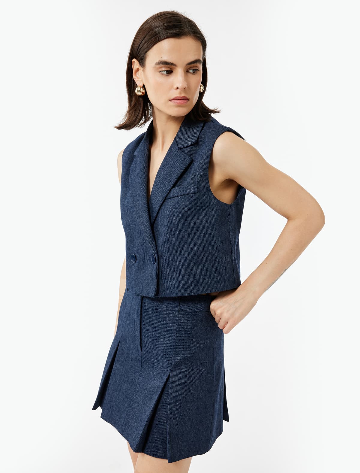 Qoşa Döş Yaxalı Qolsuz Crop Blazer Jilet