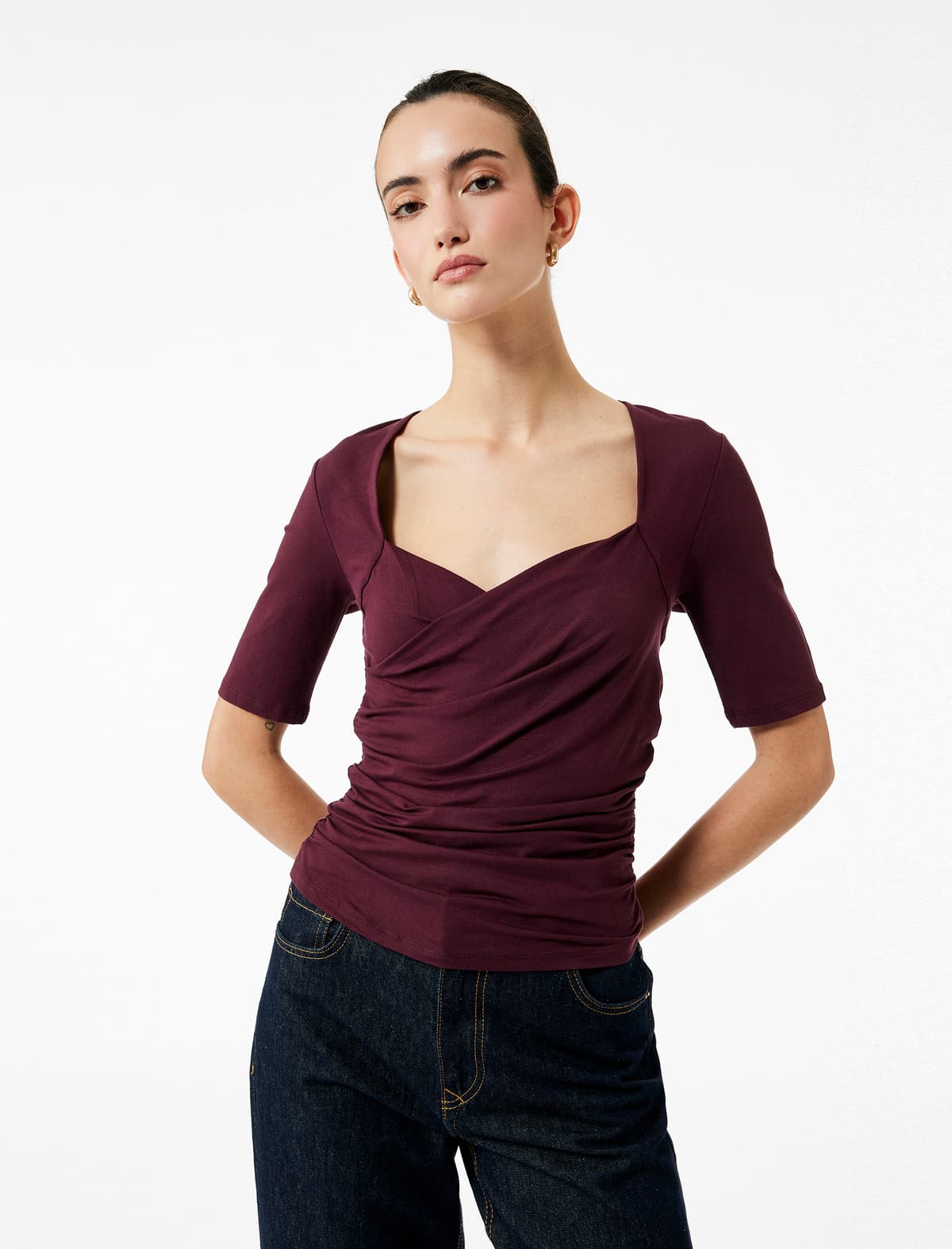 Slim Fit Qısaqol Off Çiyinli Qoşa Döşlü Bluza