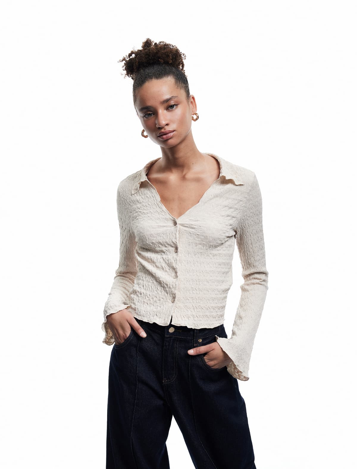 Bürümcük Kumaş Slim Fit Düyməli Ekstra Uzun Qolu İspan Köynək