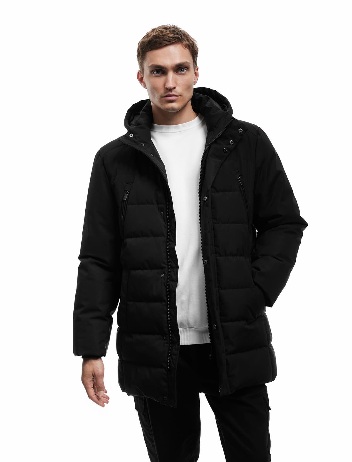 Çıxarılan Kapşonlu Parka, Düymə Detallı, Fermuarlı Cib
