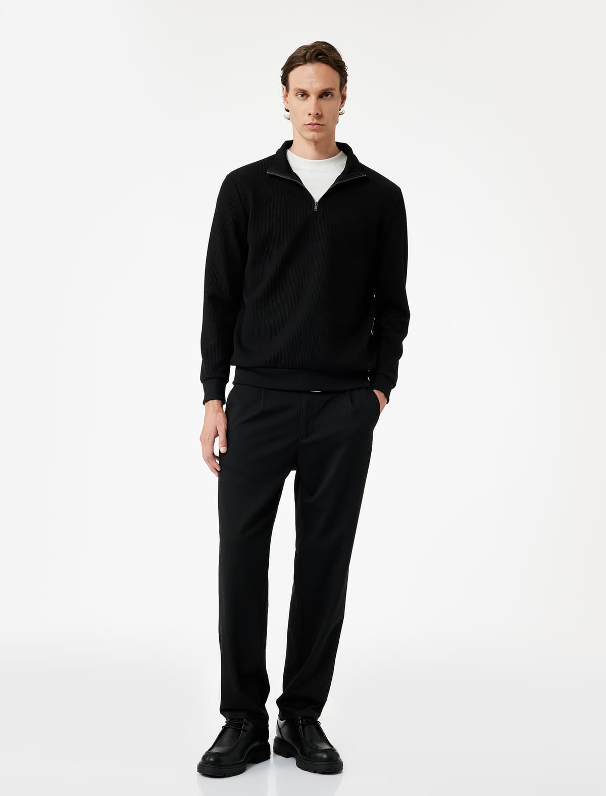Teksturalı Uzunqol Yarım Fermuarlı Sweatshirt