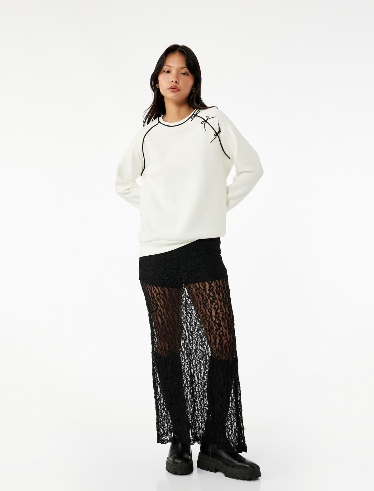 Qaldırılmış Uzunqol Bowknot Crew Boyun Oversize Sweatshirt