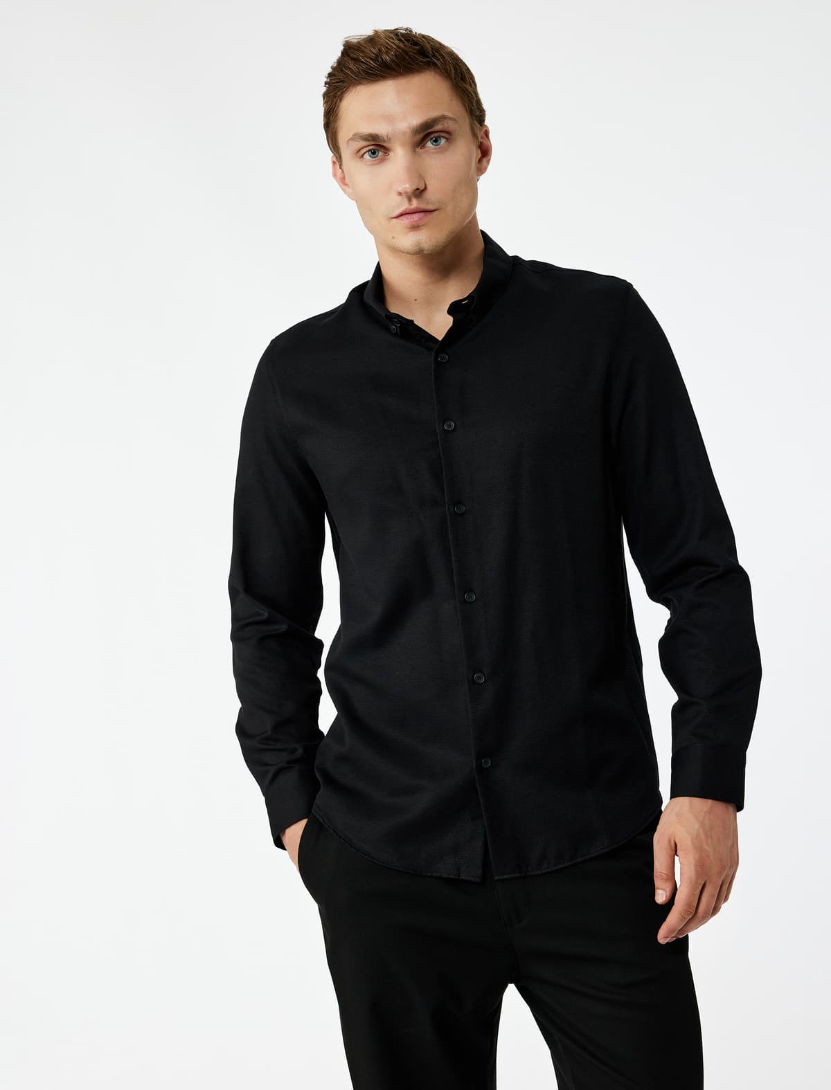 Slim Fit Uzunqol Düyməli Klassik Yaxa Köynək