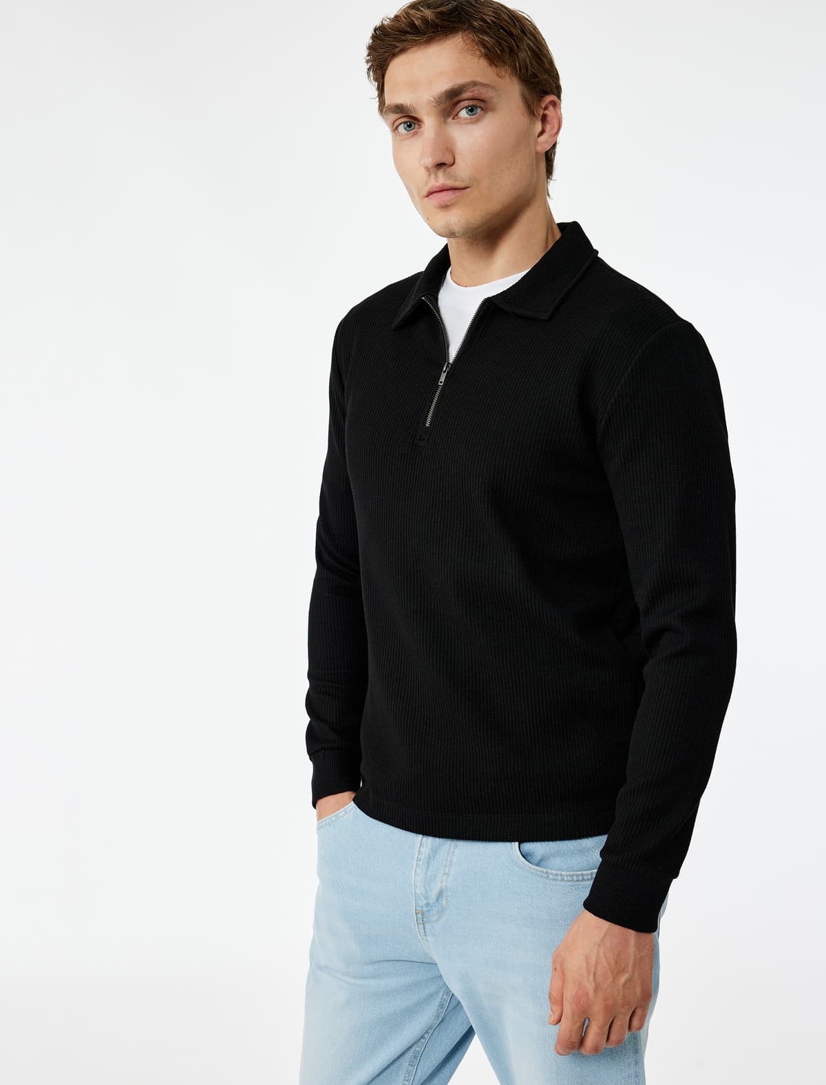 Uzunqol Basic Teksturalı Yarım Fermuarlı Polo Yakalı Sweatshirt