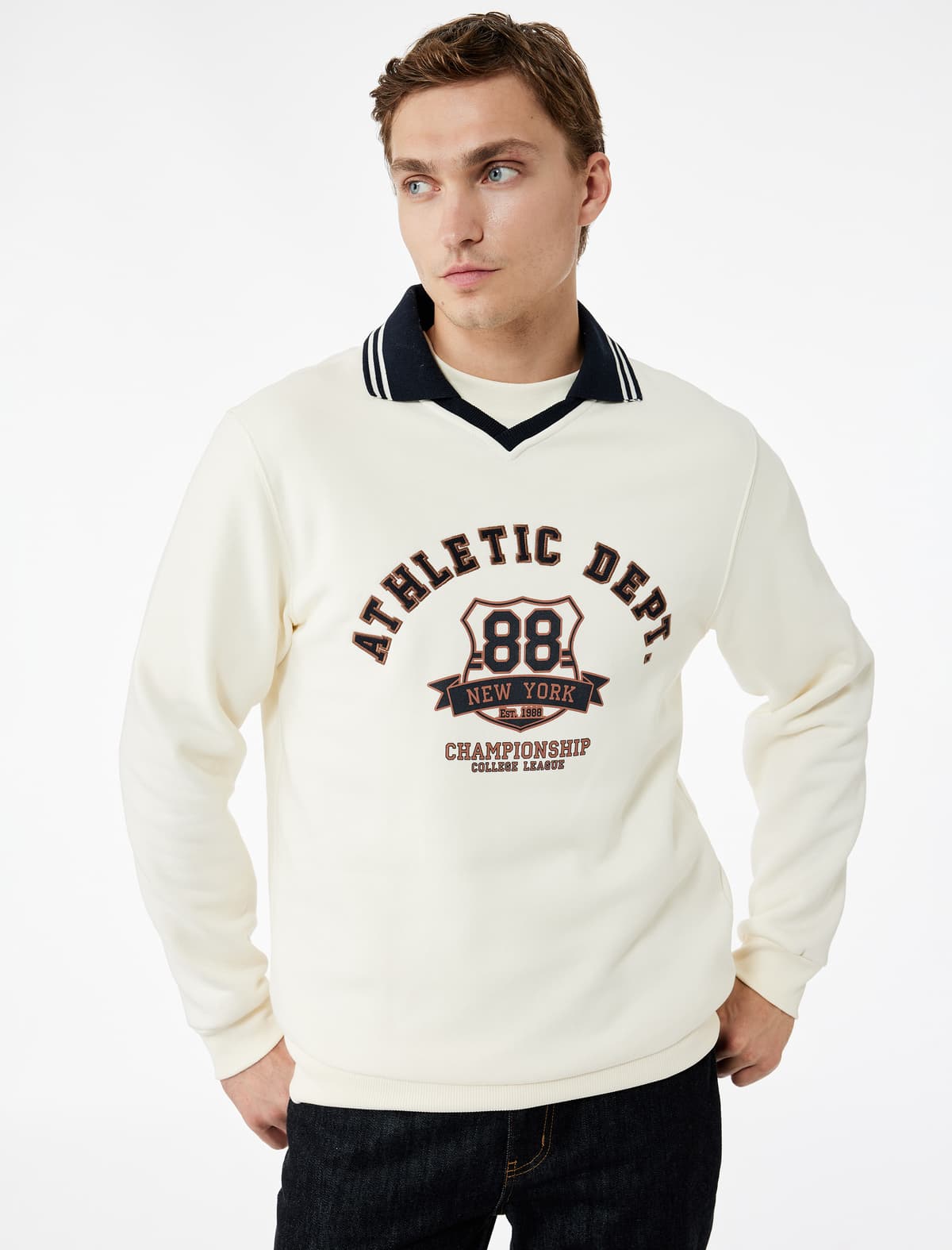 Rəng Kontrastlı Polo Yaka Uzunqol Kollec Çaplı Sweatshirt
