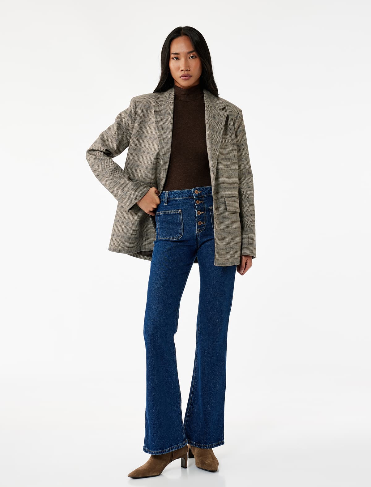Yüksək Bel Düyməli Slim Fit Pambıq Cib Detallı Flare Cins Şalvar - Flare Jeans