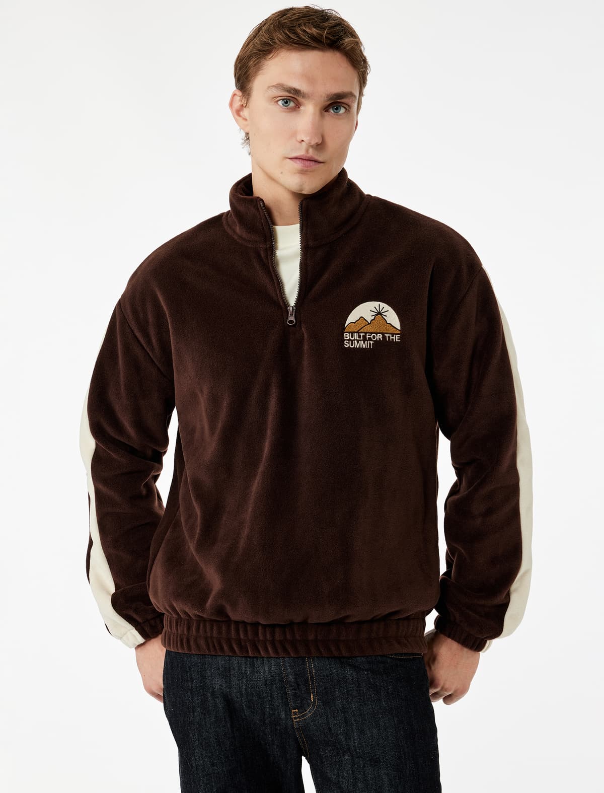 Naxışlı Uzunqol Rəngli Bloklu Yarım Fermuarlı Fleece Sweatshirt
