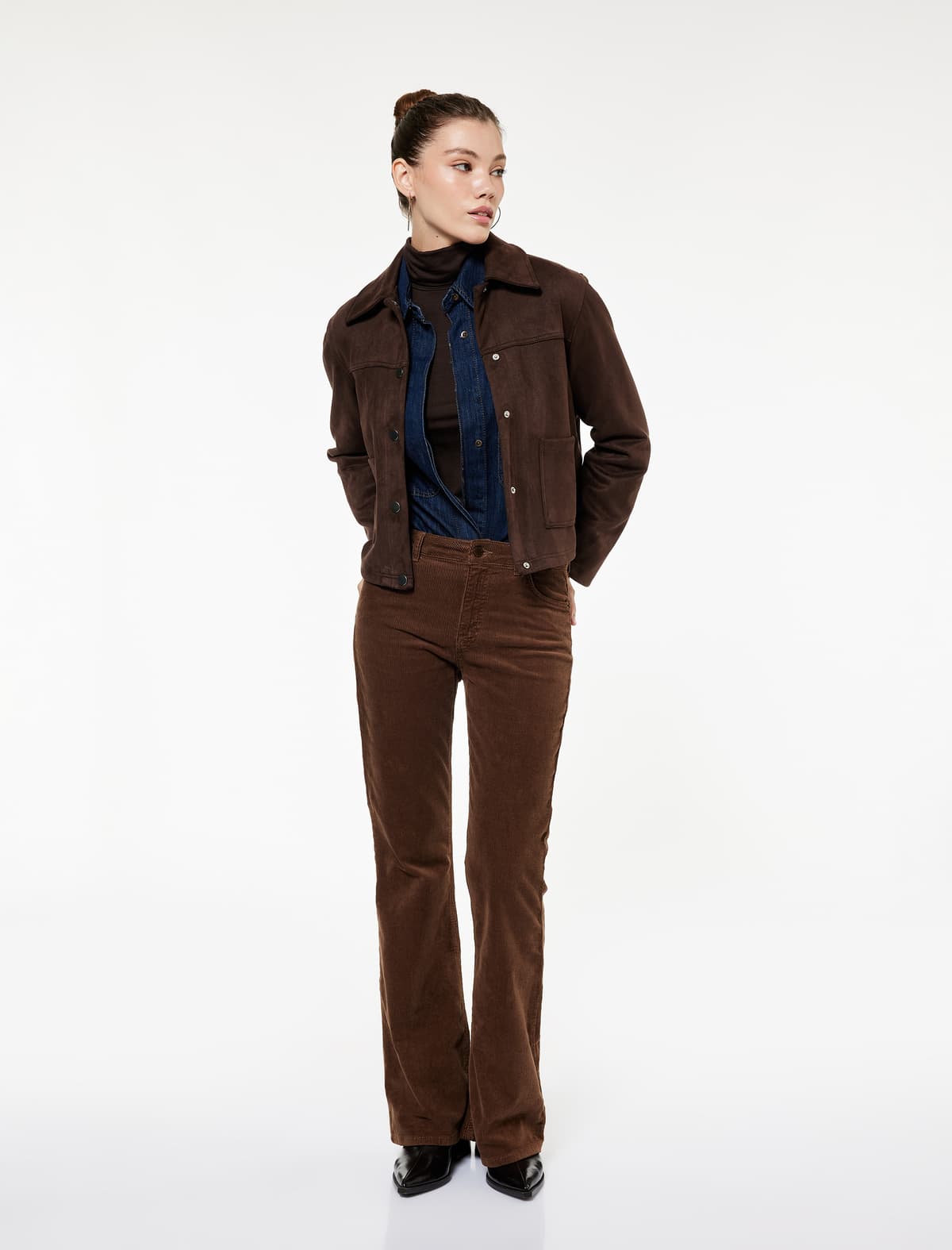Slim-Fit Düyməli Cib Məxmər Şalvar - Flare Jeans