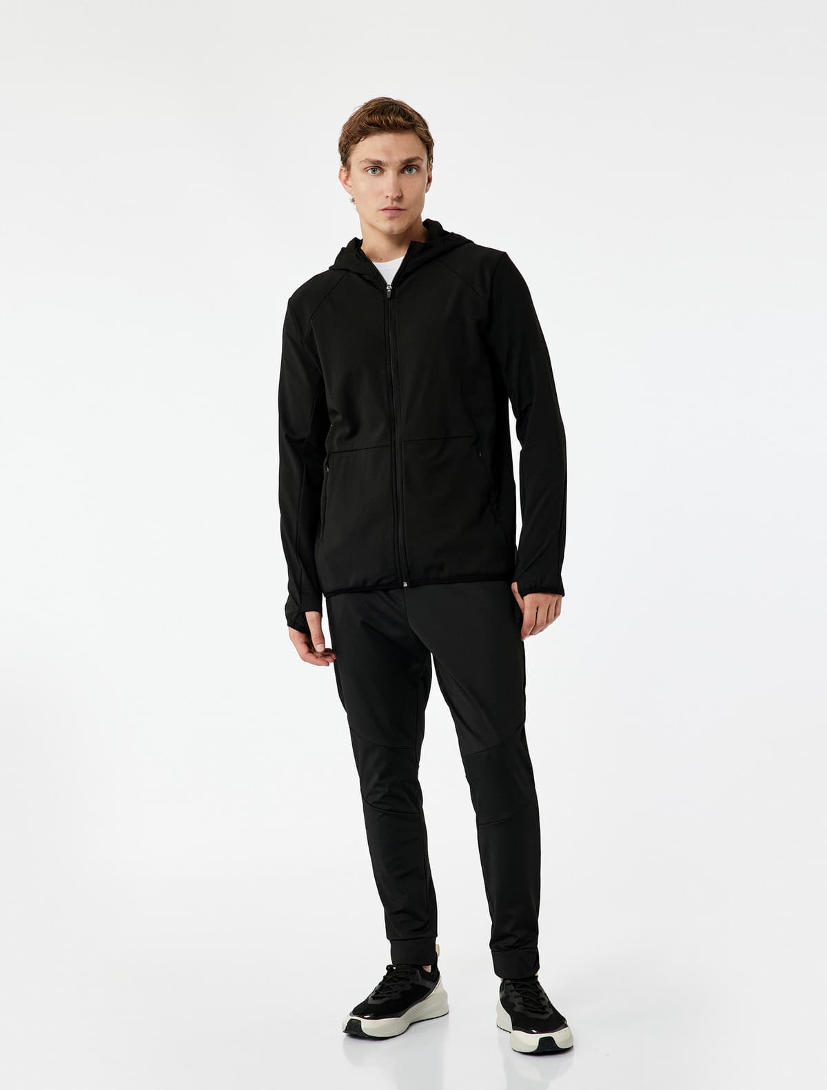 Slim Fit Uzunqol Fermuarlı Cib Detallı Kapşonlu İdman Sweatshirt