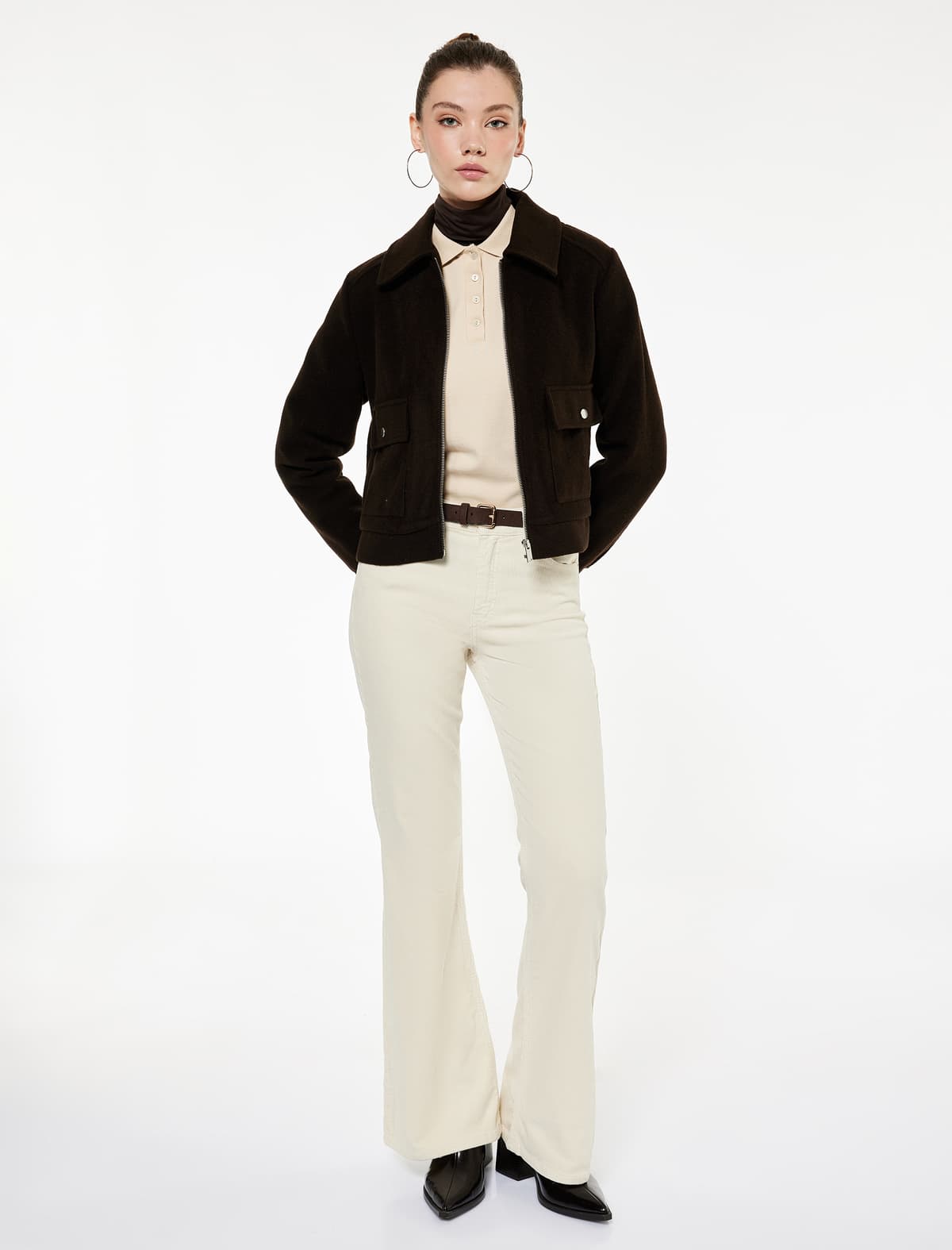 Slim-Fit Düyməli Cib Məxmər Şalvar - Flare Jeans