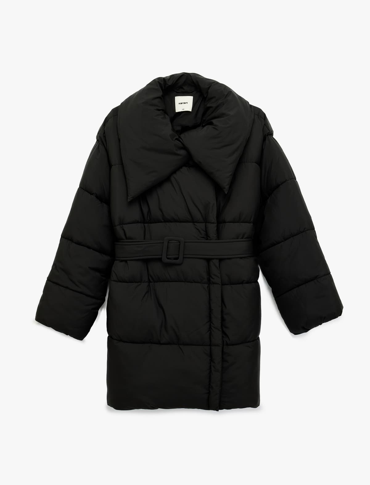 Uzunqol Cib Fermuarlı Şal Yaxası Kəmərli Su Keçirici Anorak Puffer Palto