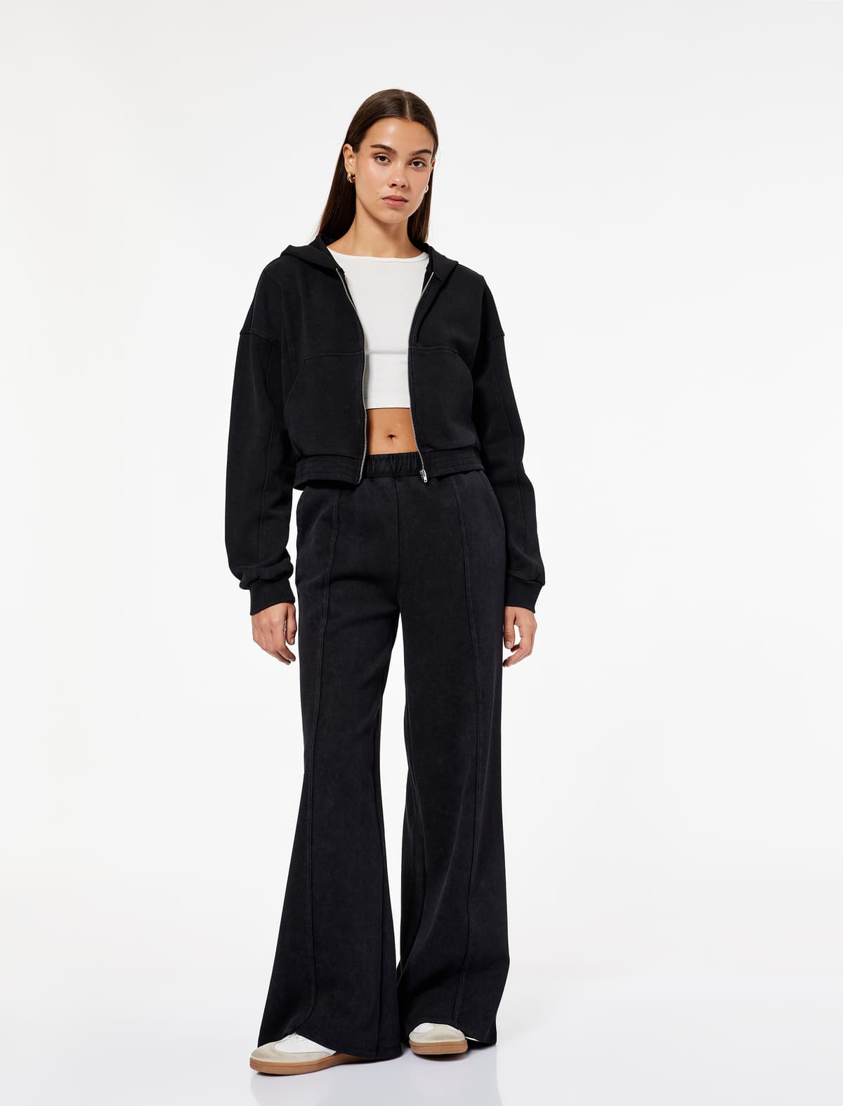 Rahat Uyğun Kenquru Cib Fermuarlı Yuyula bilən Kapşonlu Crop Sweatshirt