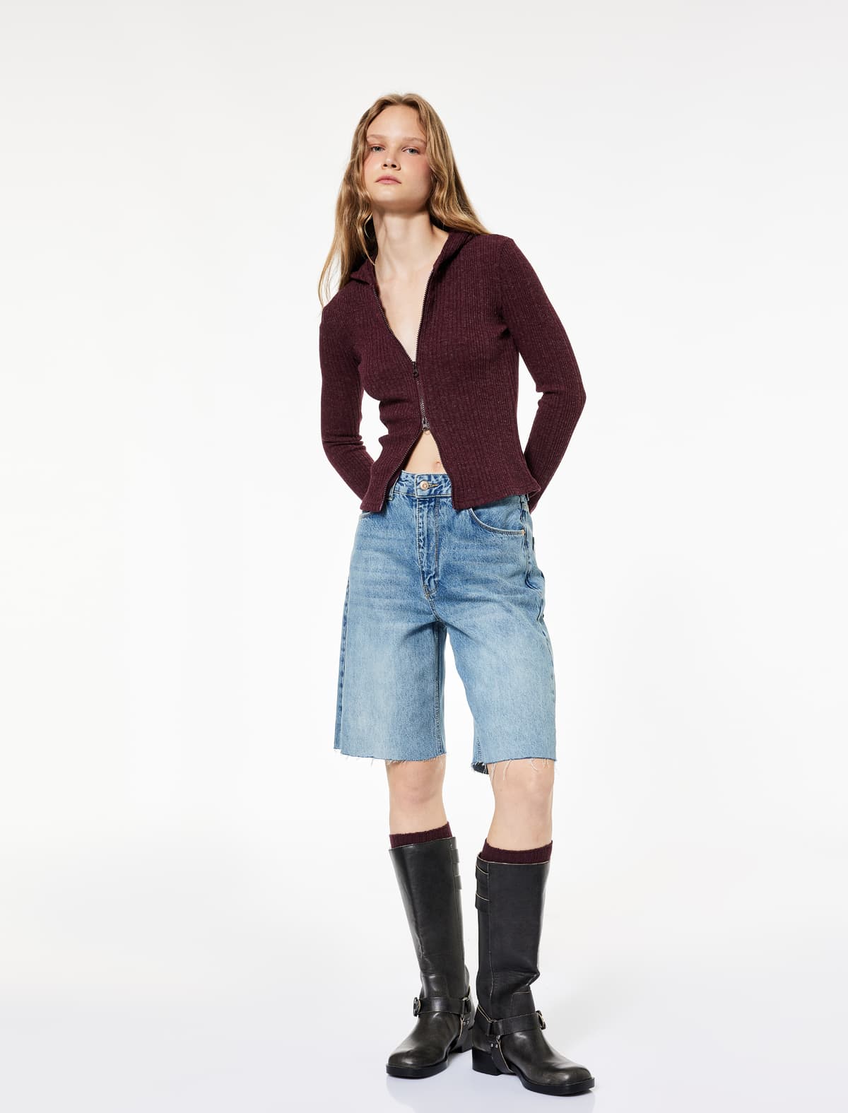 Slim Fit Kapşonlu Uzunqol Teksturalı Fermuarlı Hırka