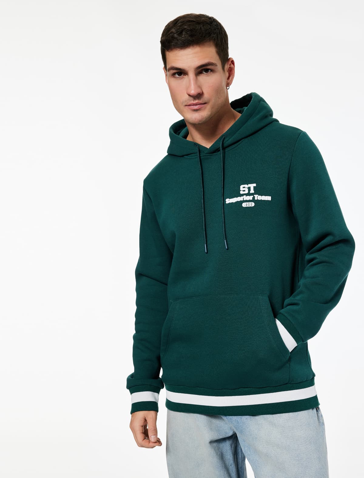 Kapüşonlu Uzunqol Zolaqlı Kenquru Cibli Qaldırılmış Çaplı Sweatshirt