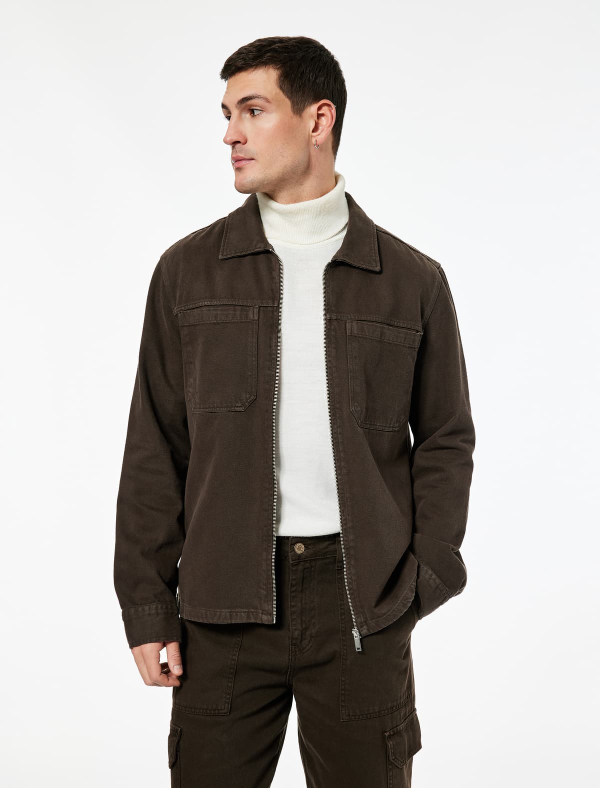 Normal Fit Klassik Yaxalı Cib Pambıq Fermuarlı Gödəkçə