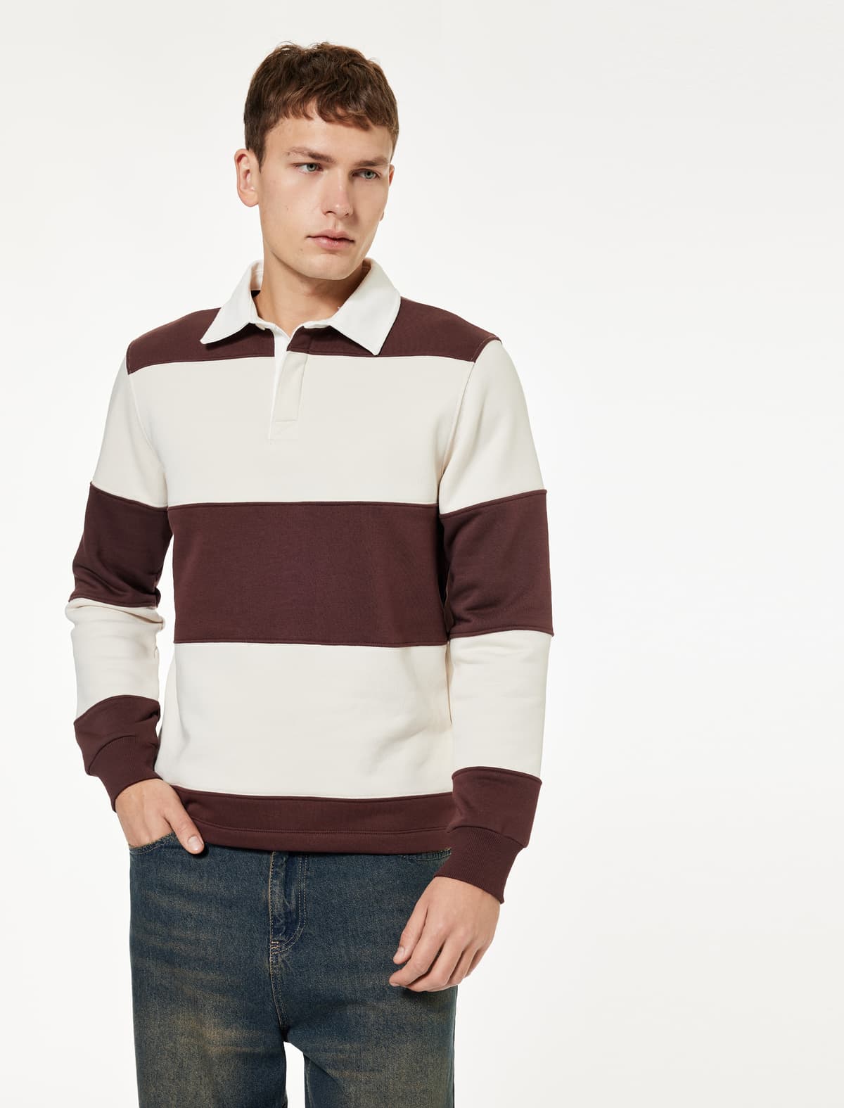 Normal Fit Rəng Bloklu Qaldırılmış Uzunqol Polo Yakalı Sweatshirt