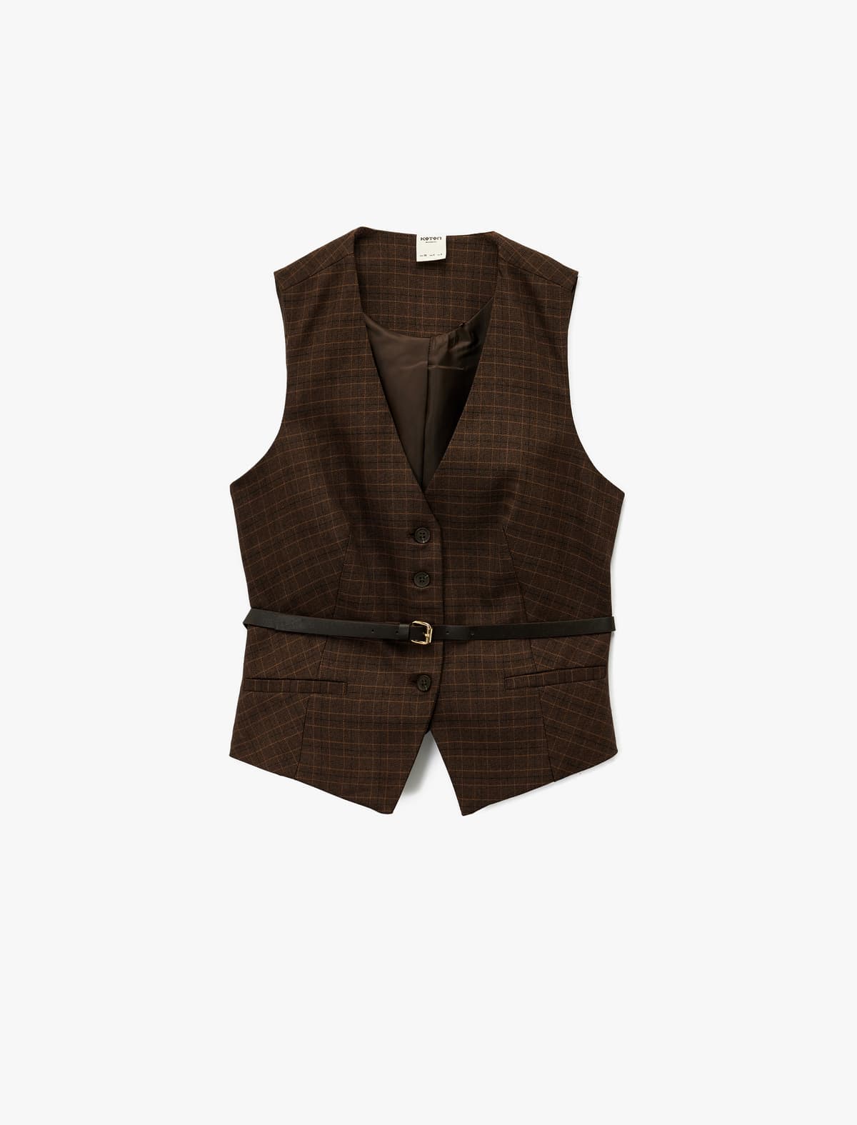 Düyməli qolsuz V-yaxalı, kəmər detallı plaid jilet