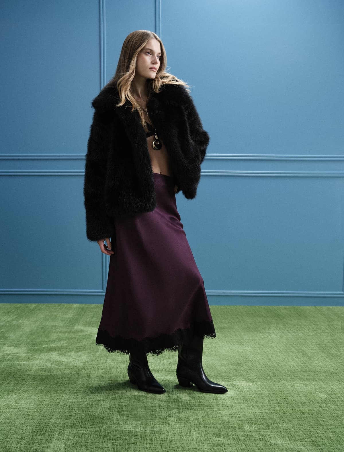 Slim Fit Krujeva Detallı Midi Atlaz Etek