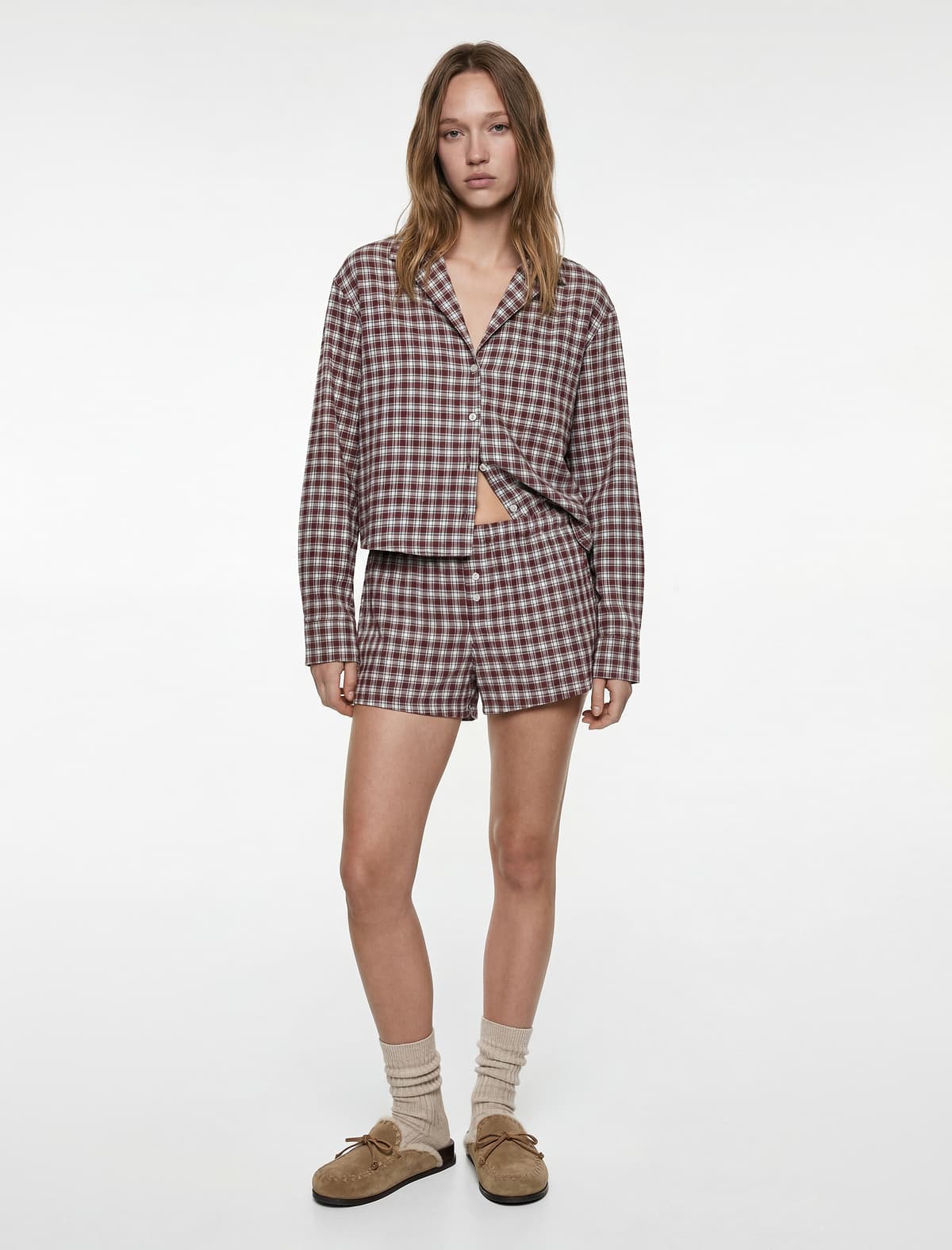 Uzunqol Köynək Yaxası Böyük Ölçülü Crop Plaid Pijama Üstü