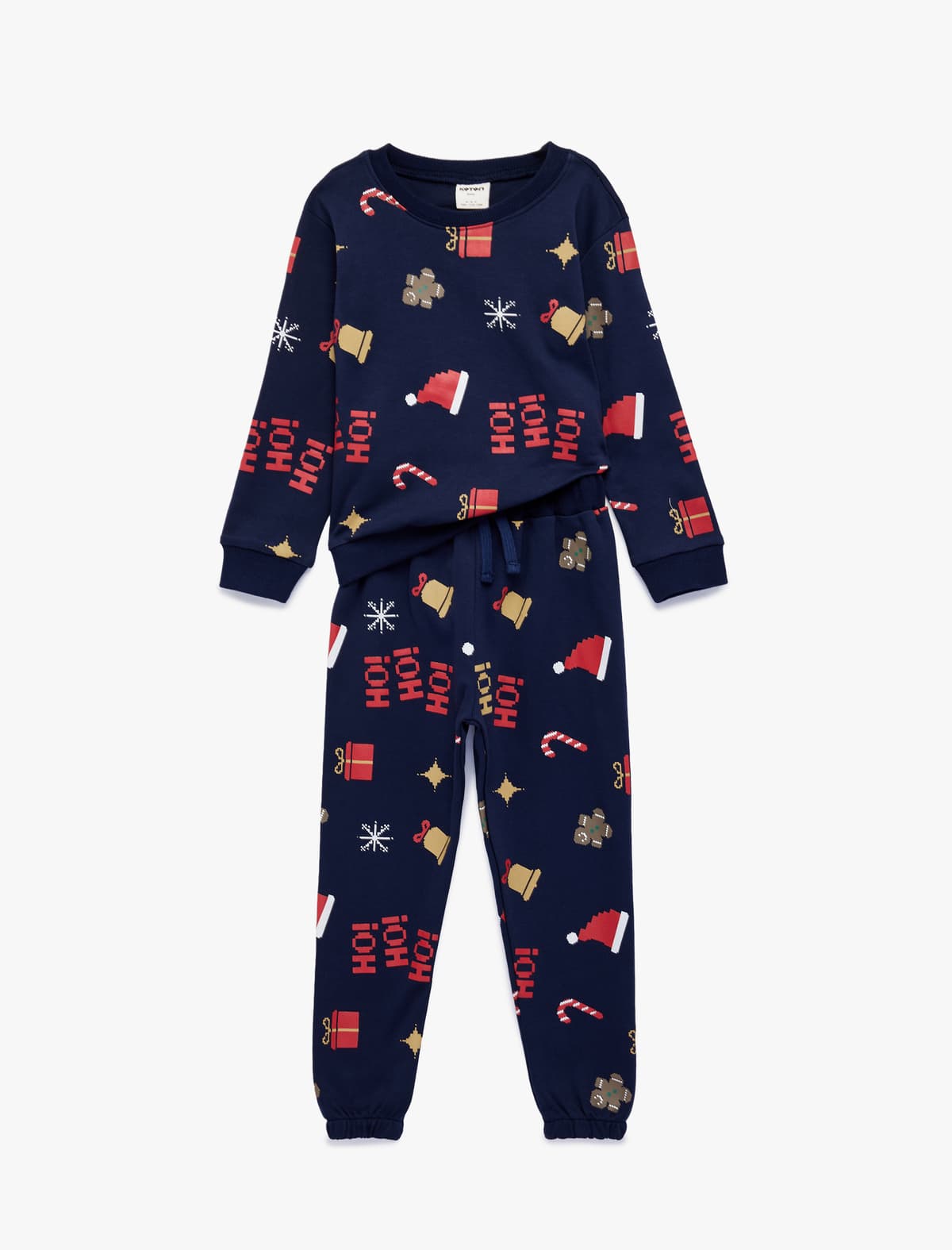 Pambıq Uzunqol Ekip Boyun Naxışlı Pijama Dəsti
