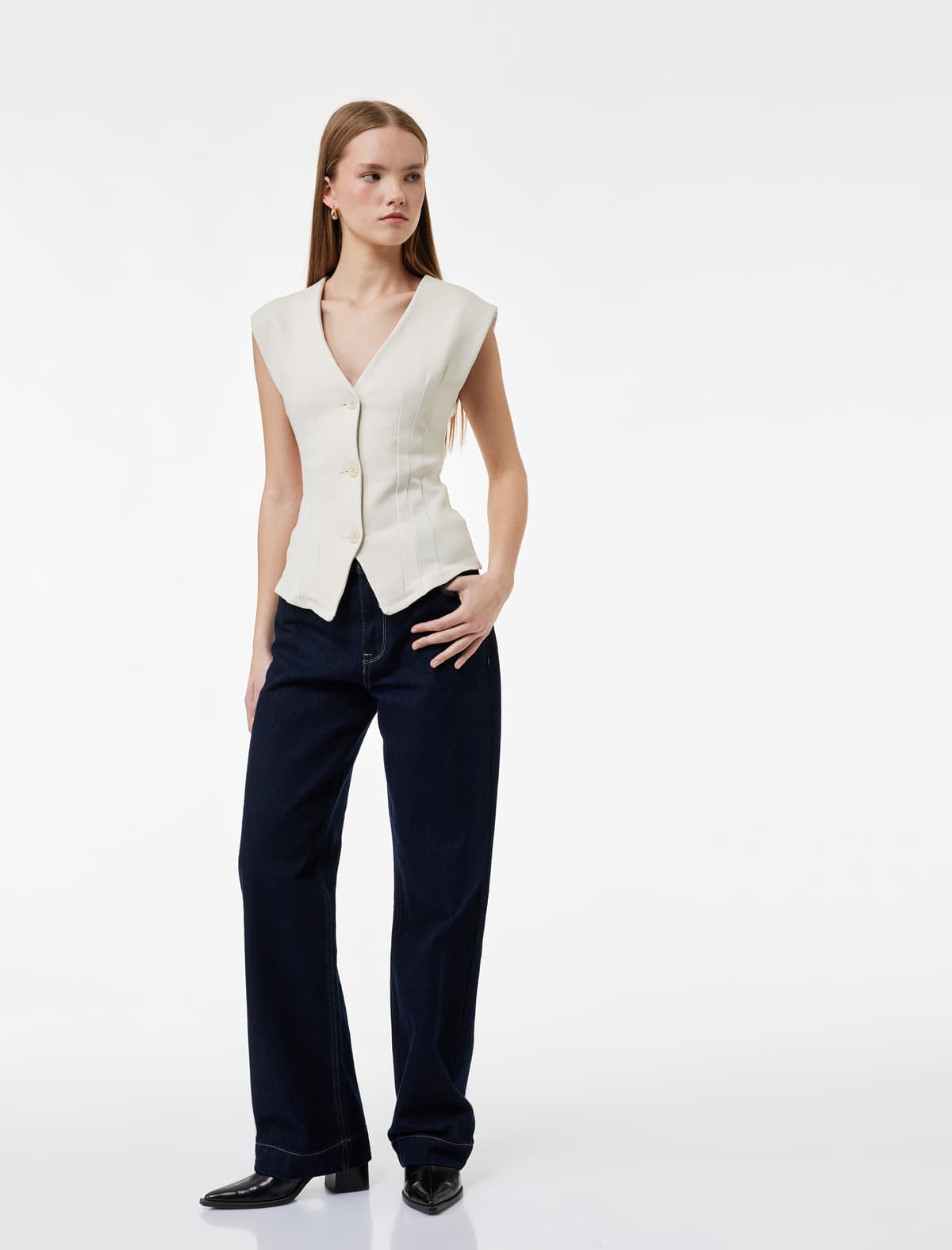 Slim Fit Düyməli Tikiş Detallı Qolsuz V Yakalı Jilet