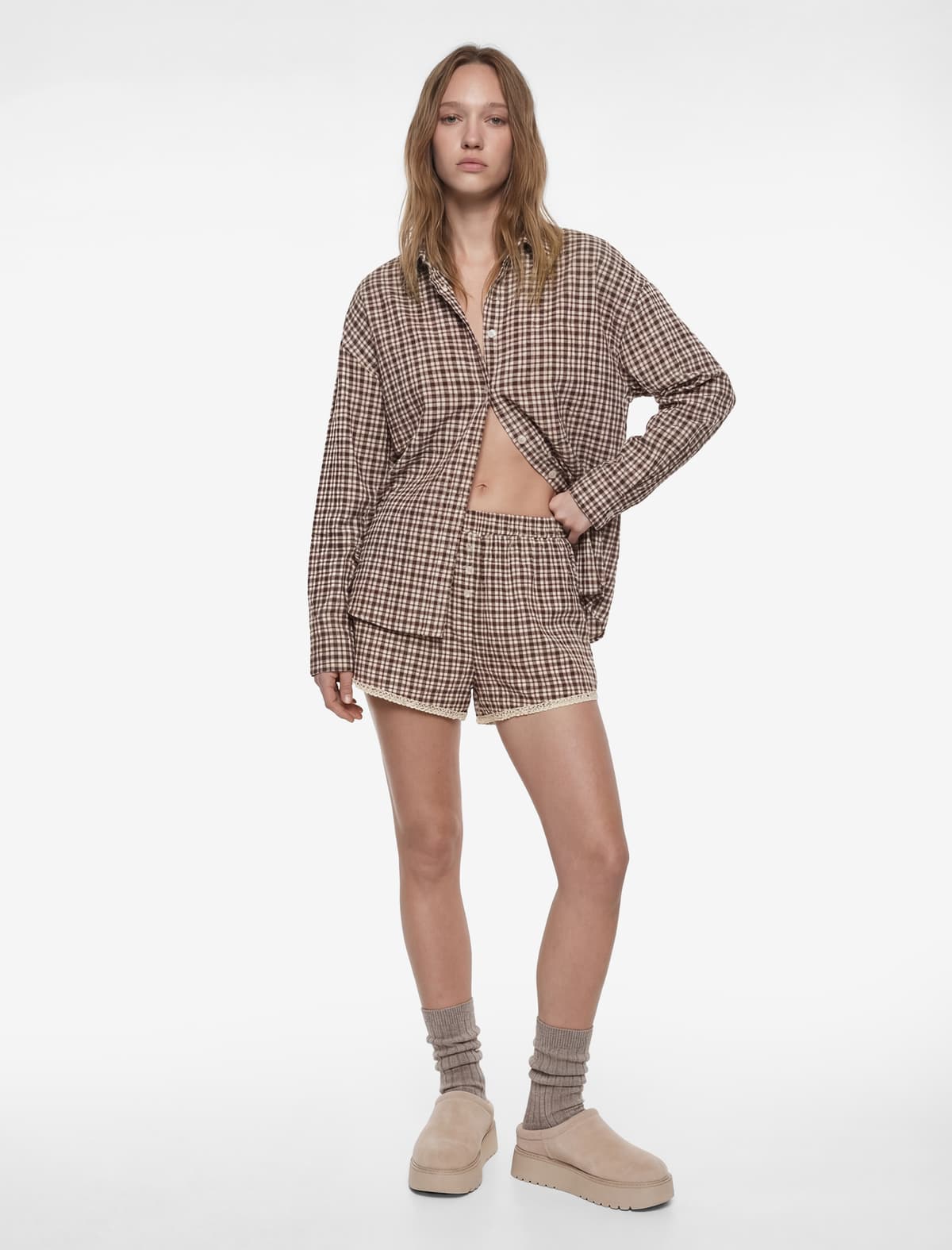 Şort Pijama Altı Ekose Naxışlı Fırçalı